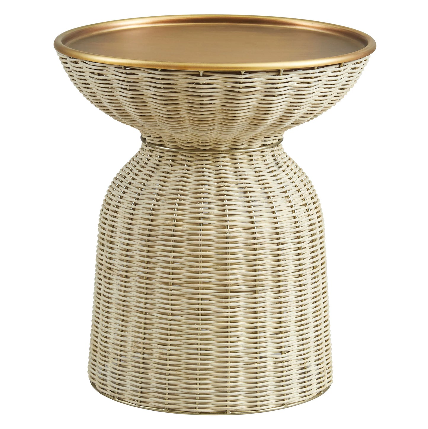Lazaro Round Rattan Side Table – Burnished Brass & Natural Finish with Vintage Flair