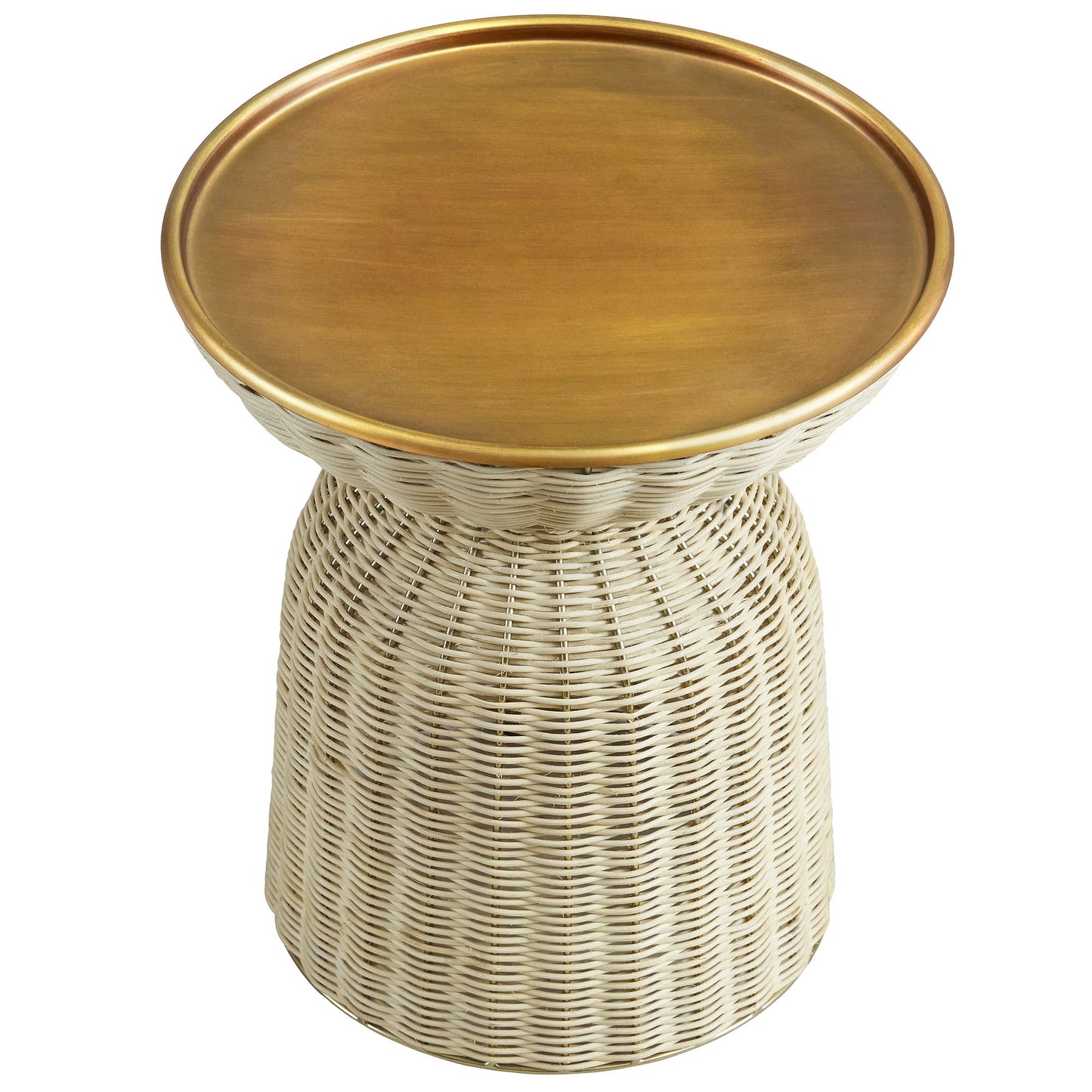 Lazaro Round Rattan Side Table – Burnished Brass & Natural Finish with Vintage Flair