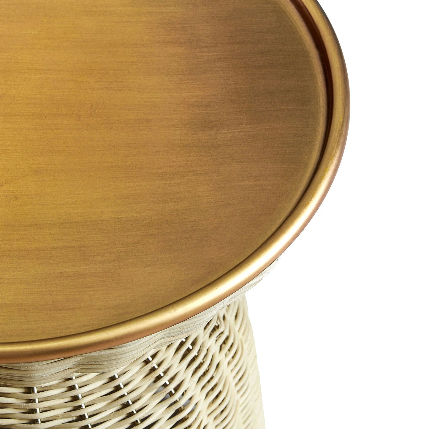 Lazaro Round Rattan Side Table – Burnished Brass & Natural Finish with Vintage Flair