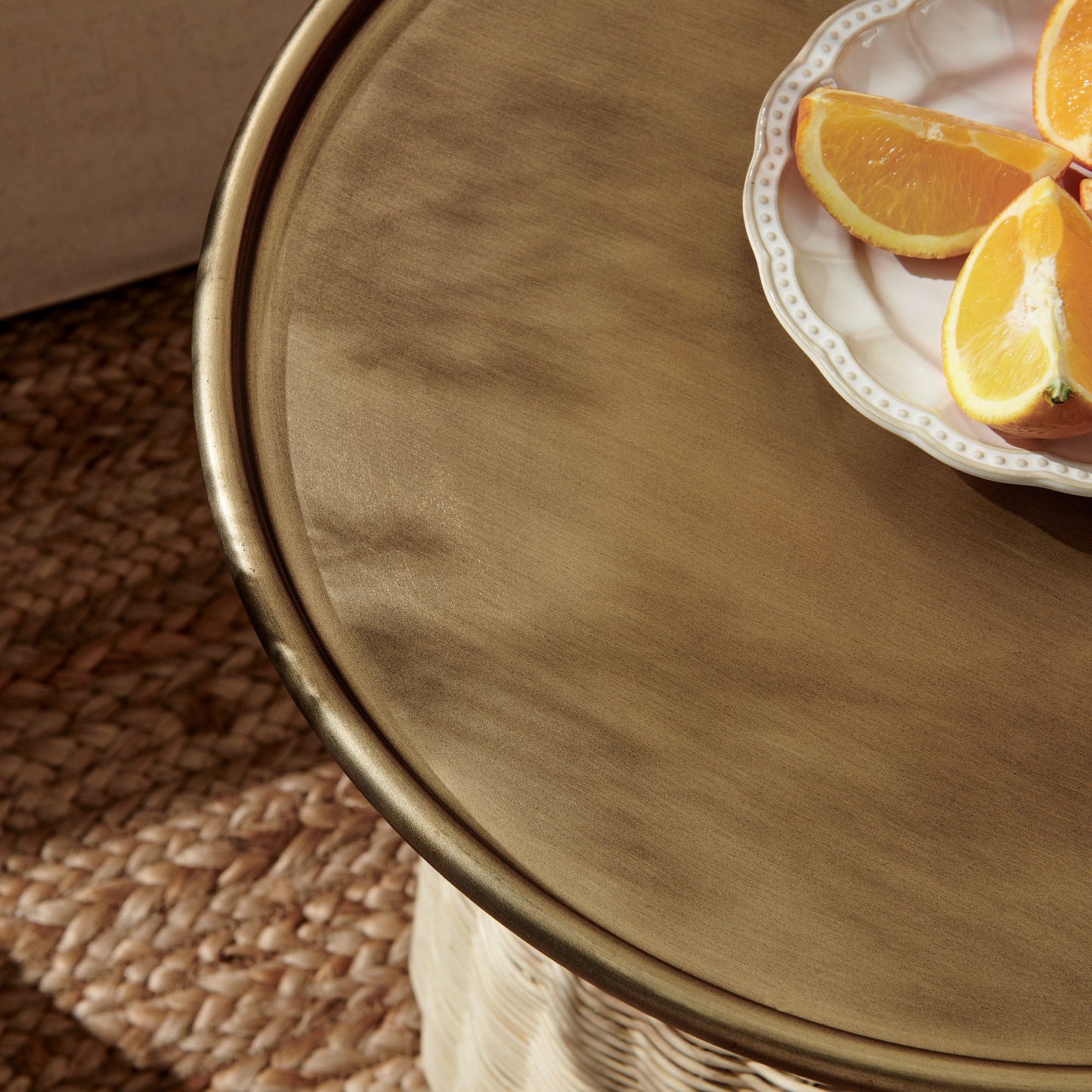 Lazaro Round Rattan Side Table – Burnished Brass & Natural Finish with Vintage Flair