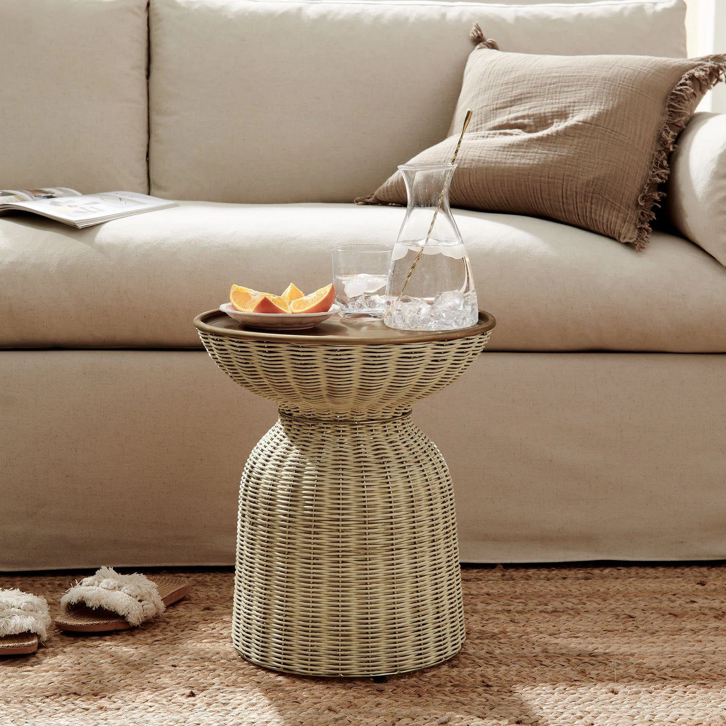 Lazaro Round Rattan Side Table – Burnished Brass & Natural Finish with Vintage Flair