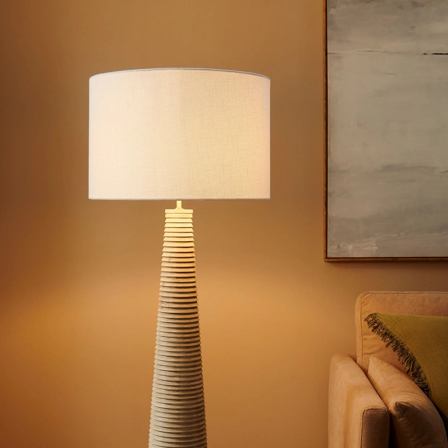 Saylor Ribbed Wood Floor Lamp – White & Gray Finish with Textured Drum Shade