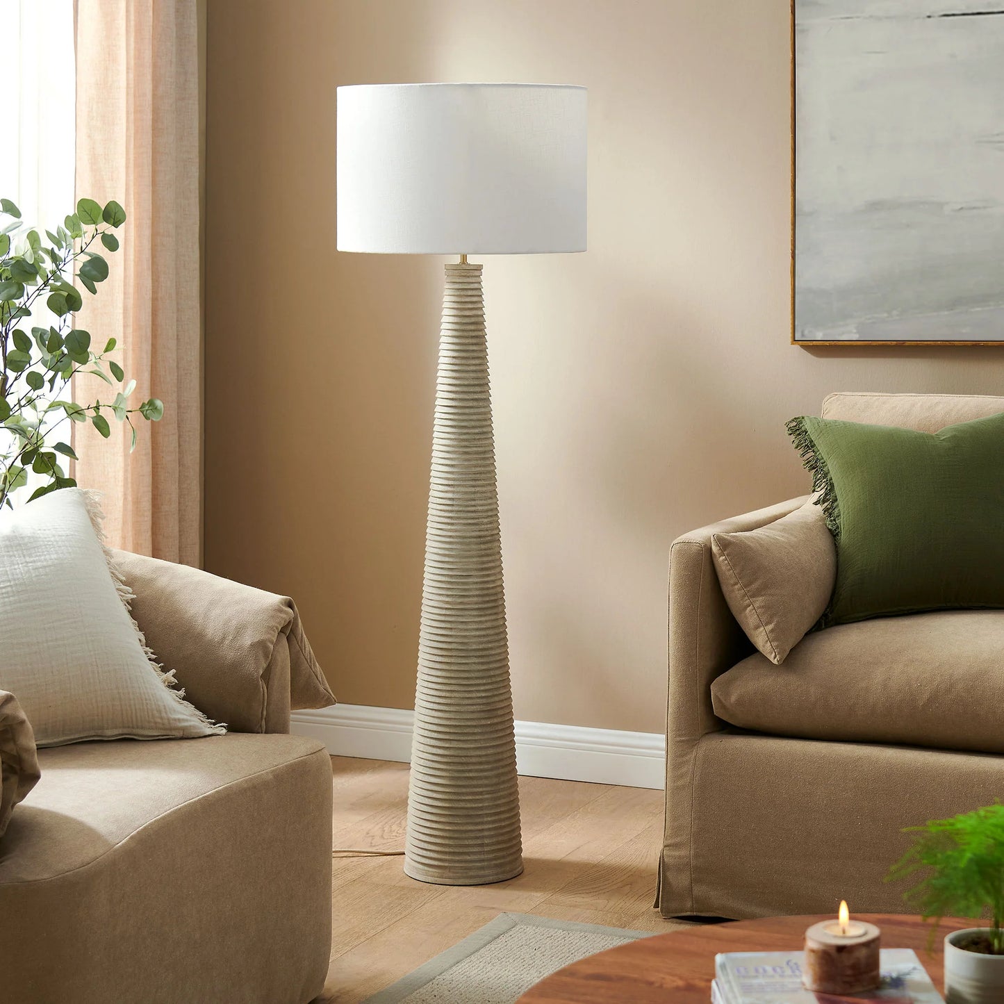 Saylor Ribbed Wood Floor Lamp β White & Gray Finish with Textured Drum Shade