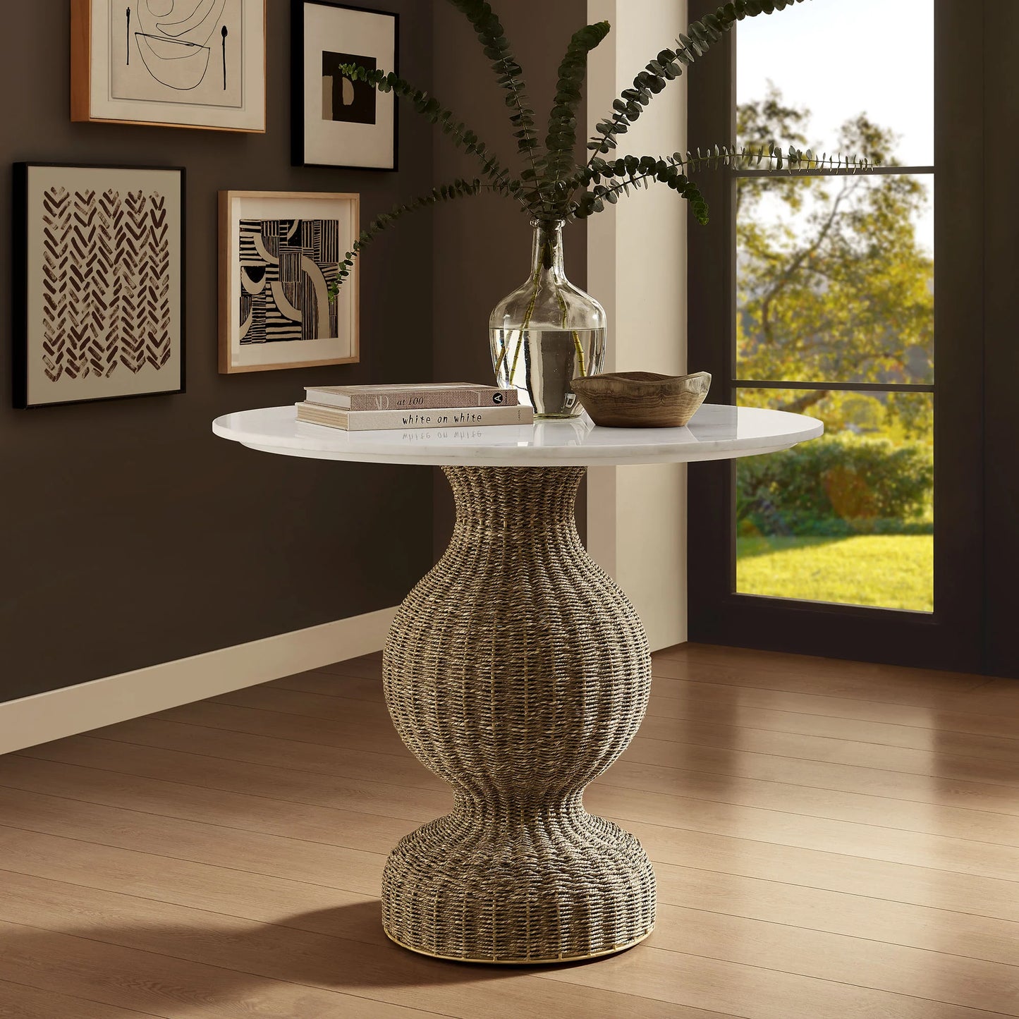 Zale 36" Marble and Seagrass Dining Table – Elegant White Natural Stone and Woven Base for Coastal and Modern Dining Rooms