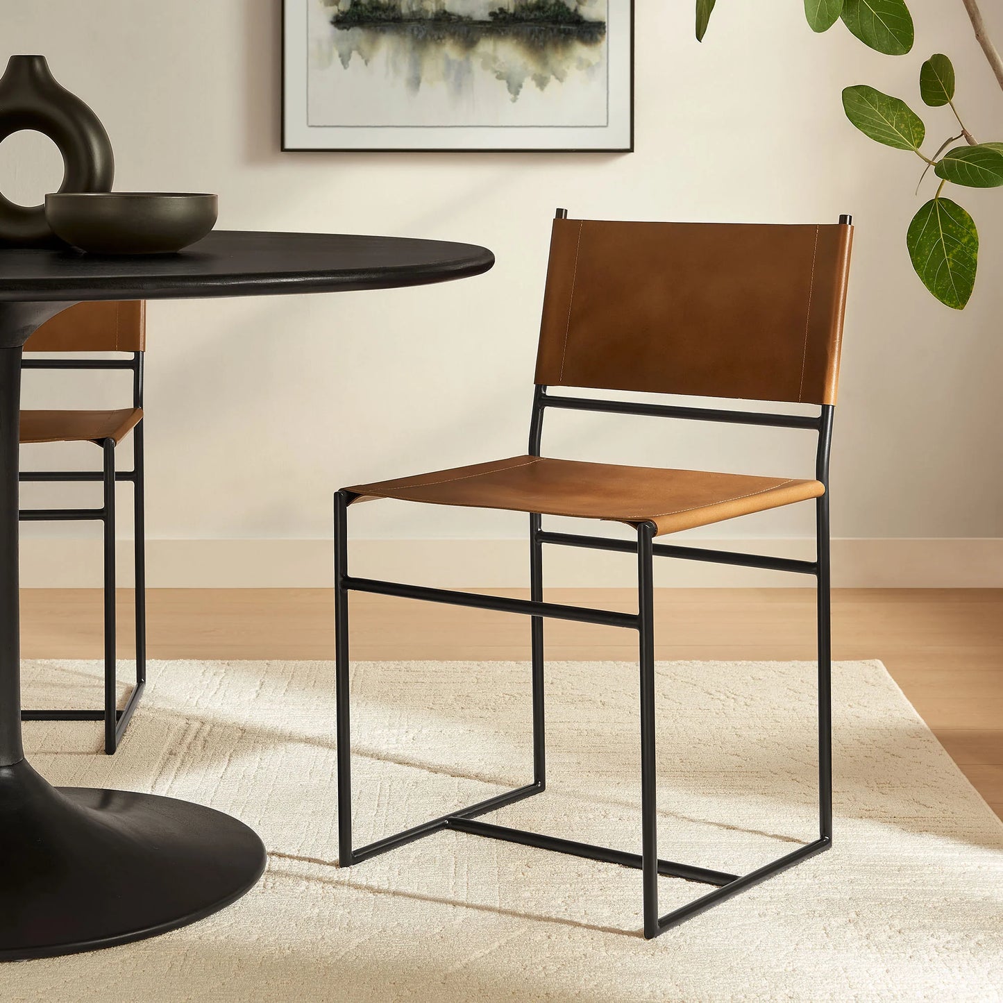 Thatcher Tan Leather and Metal Dining Chair – Stylish Industrial Seating with Comfort and Durability