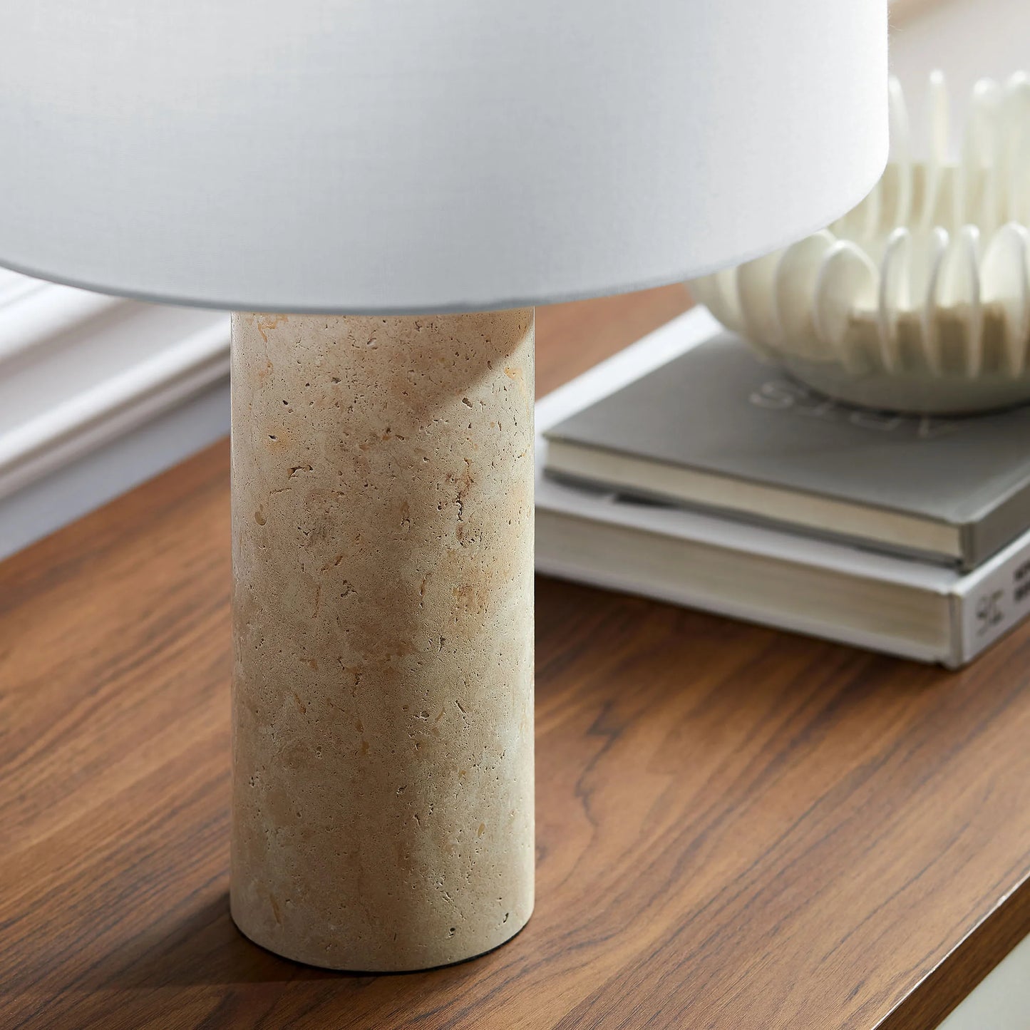 Zenith Travertine Table Lamp β Natural Stone Base with Fabric Drum Shade for Elegant, Organic Lighting