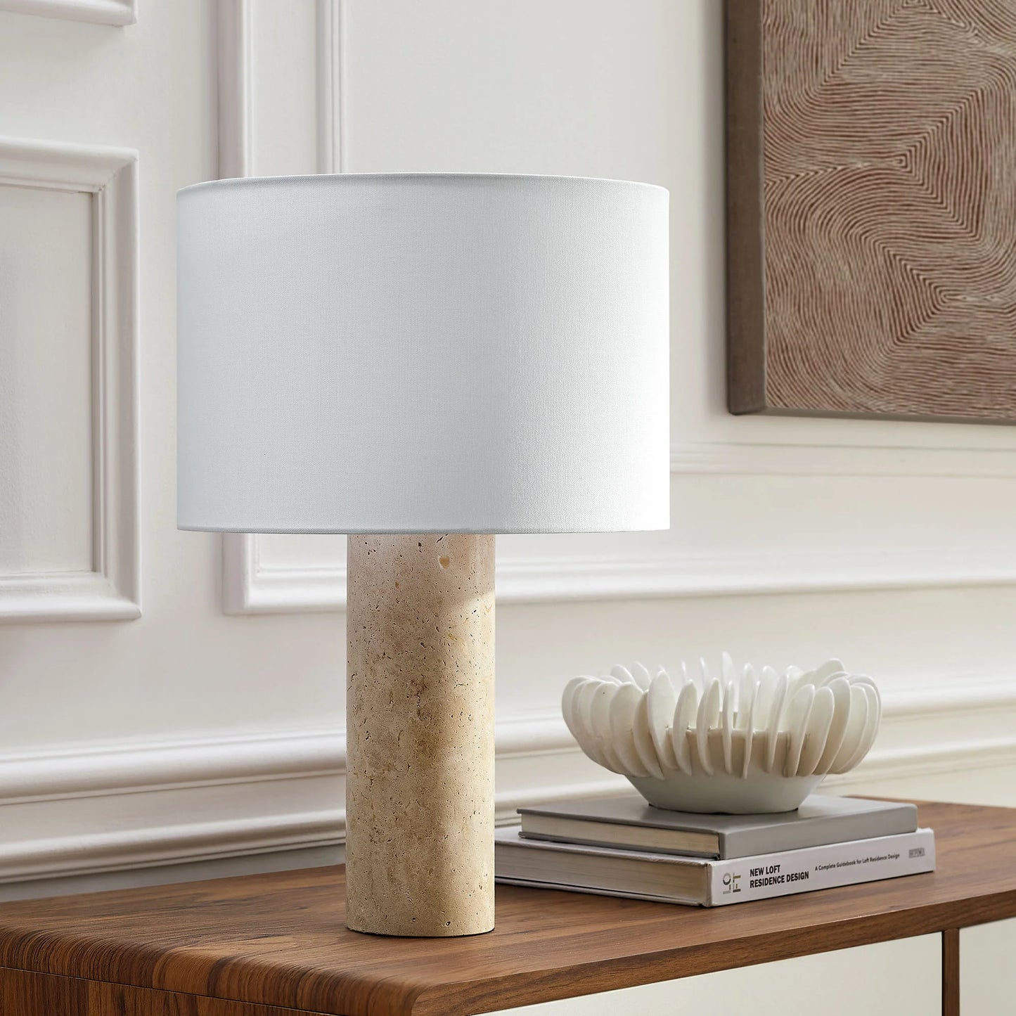 Zenith Travertine Table Lamp β Natural Stone Base with Fabric Drum Shade for Elegant, Organic Lighting