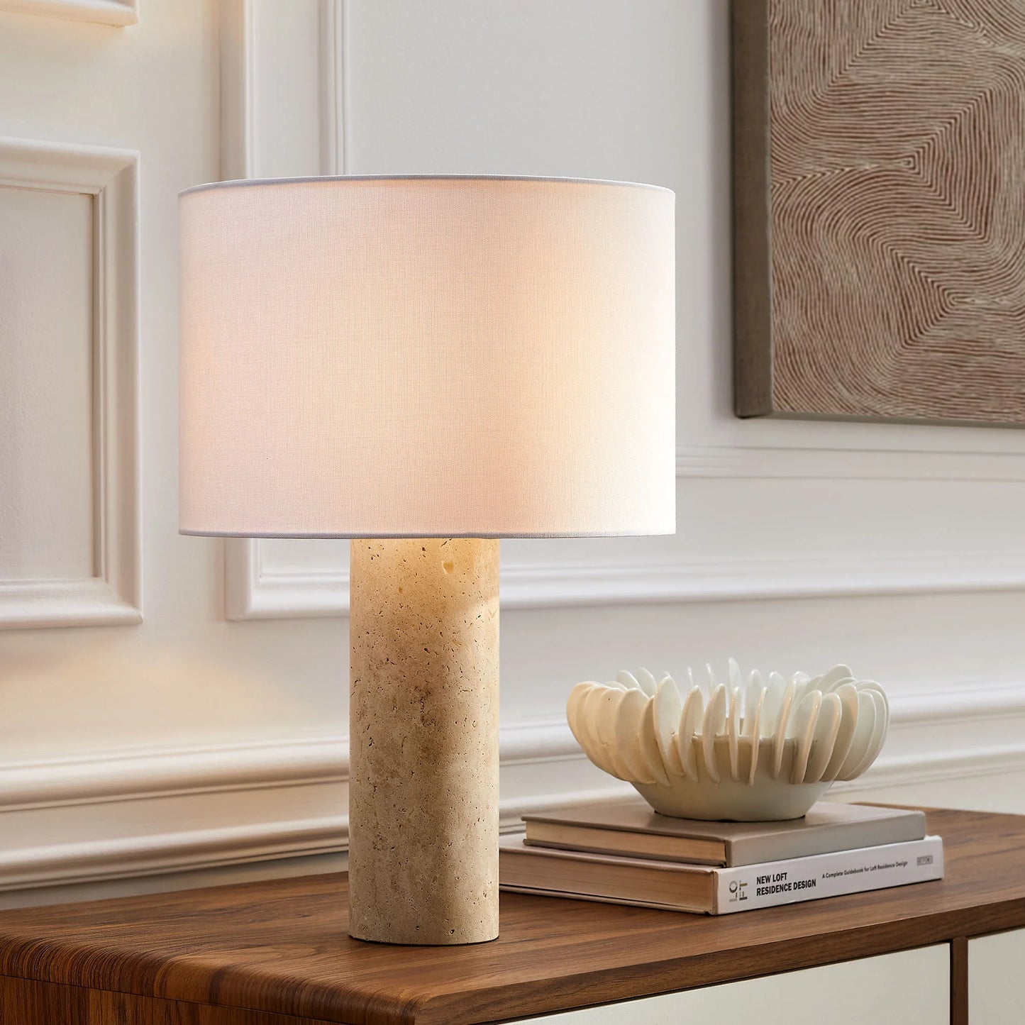 Zenith Travertine Table Lamp β Natural Stone Base with Fabric Drum Shade for Elegant, Organic Lighting