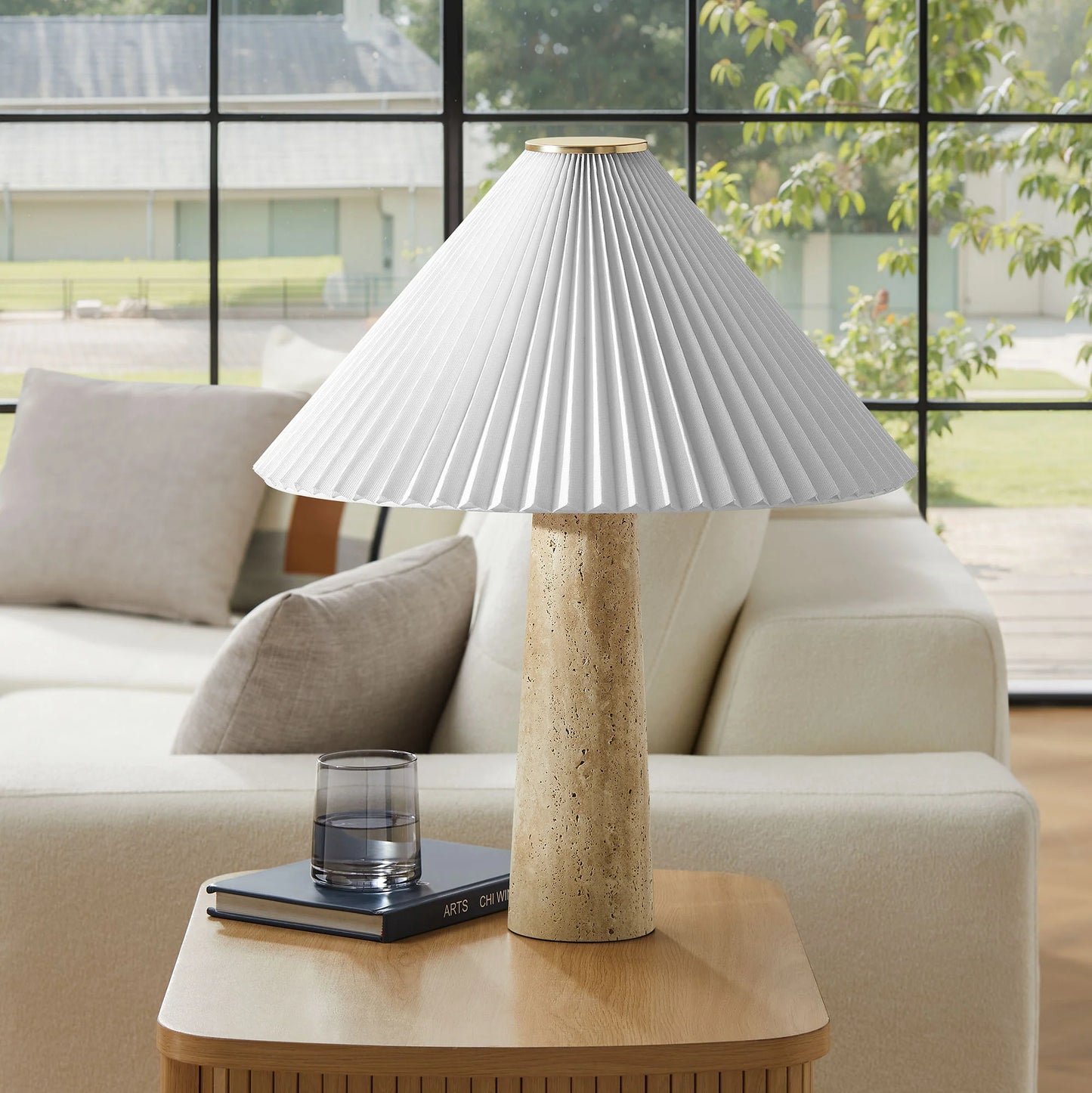 Cove Travertine Table Lamp – Natural Stone Base with Pleated Shade for Soft, Organic Modern Lighting