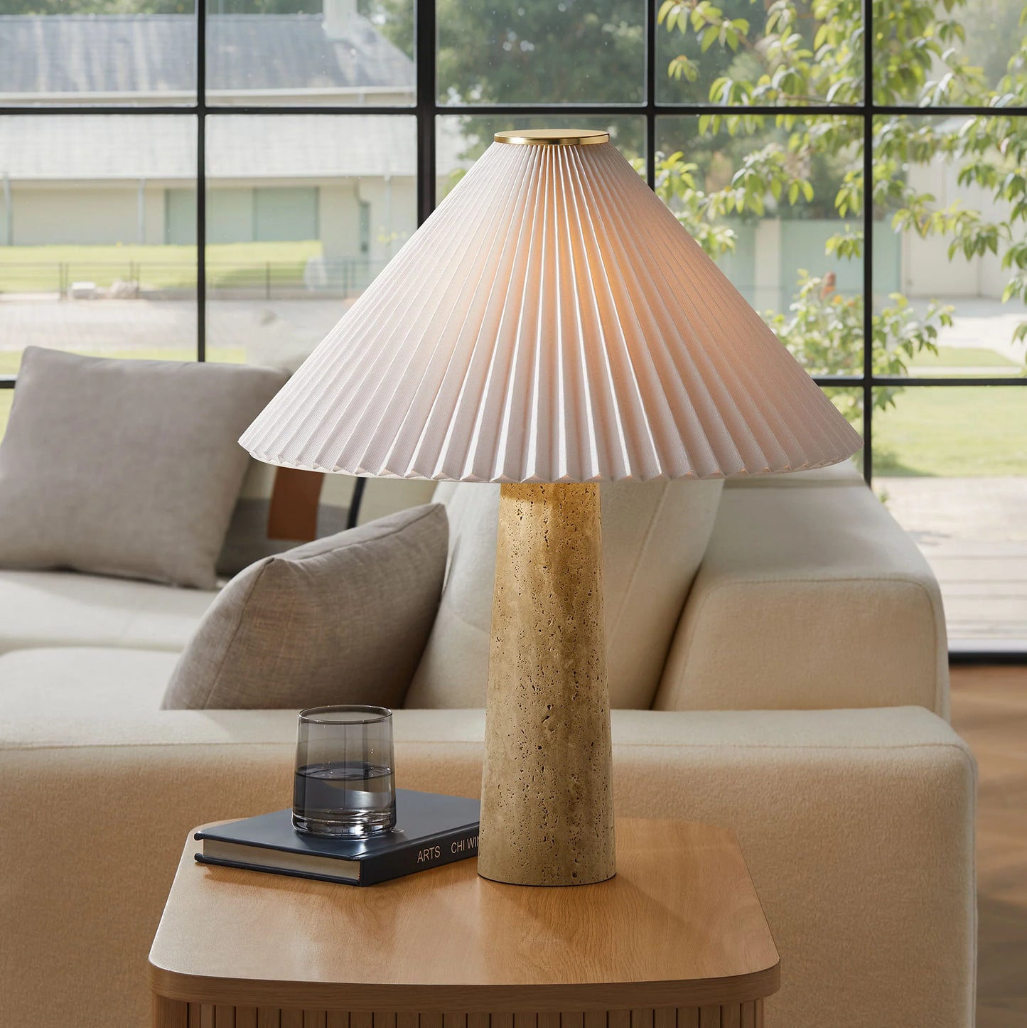 Cove Travertine Table Lamp β Natural Stone Base with Pleated Shade for Soft, Organic Modern Lighting