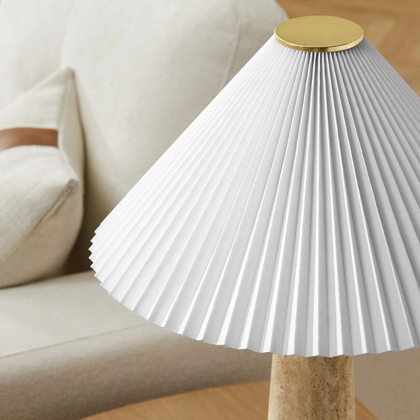 Cove Travertine Table Lamp – Natural Stone Base with Pleated Shade for Soft, Organic Modern Lighting
