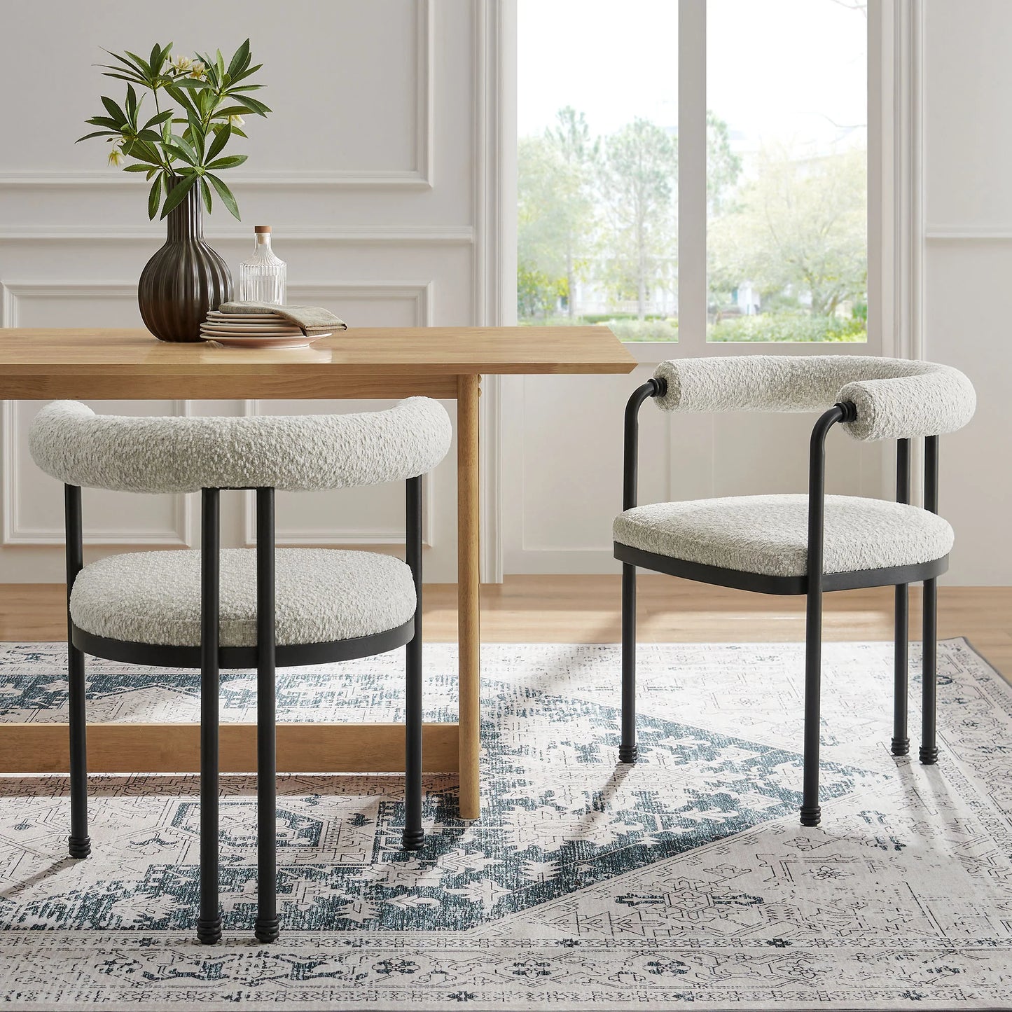 Turin Curved Back Boucle Dining Chair – Black Pearl Accent Seating with Modern Metal Frame