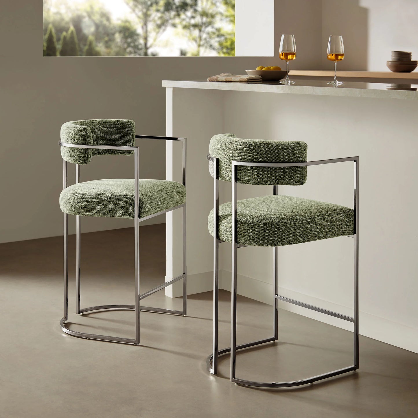 Huron Curved Back Fabric Counter Stool – Stylish Upholstered Seating with Sleek Metal Frame for Modern Kitchens