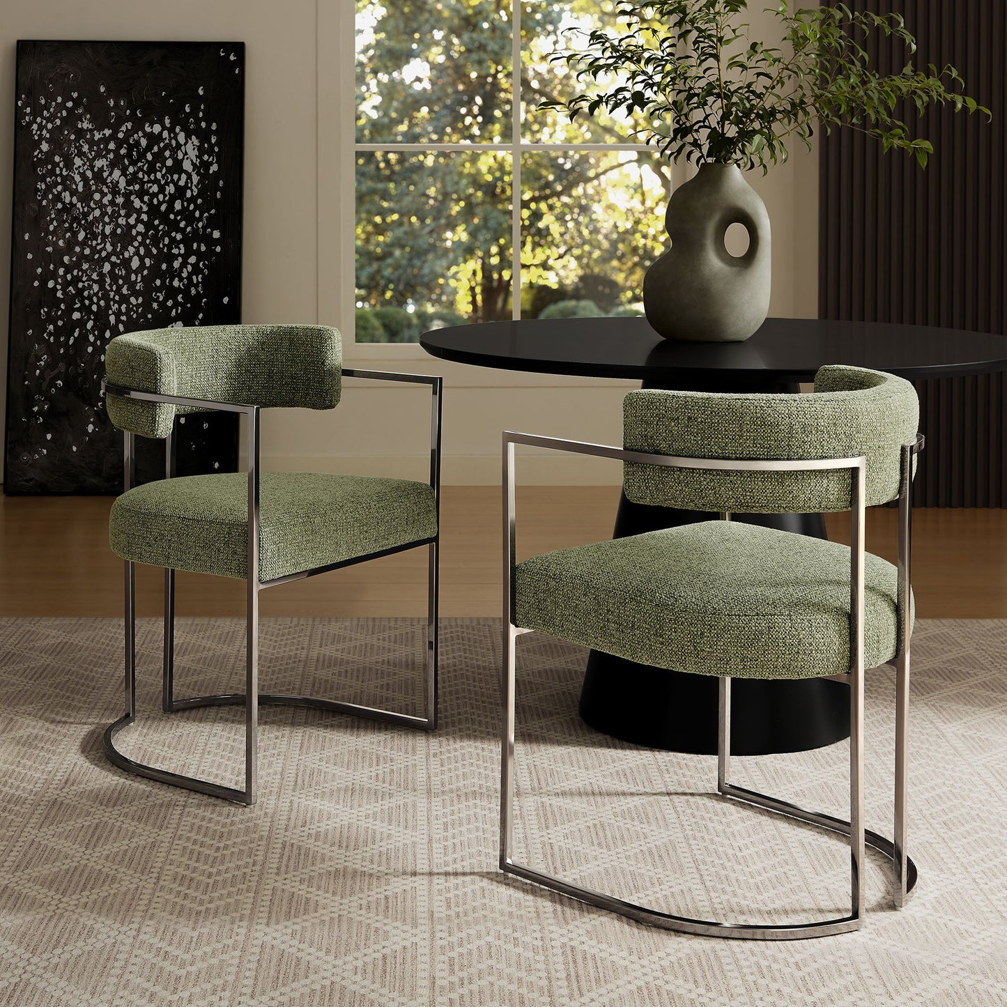 Huron Curved Back Fabric Dining Chair – Elegant Upholstered Seating with Modern Metal Frame