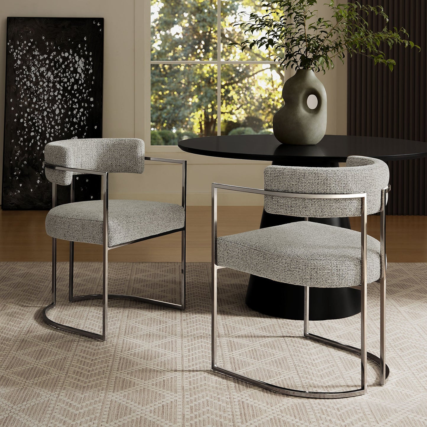 Huron Curved Back Fabric Dining Chair – Elegant Upholstered Seating with Modern Metal Frame