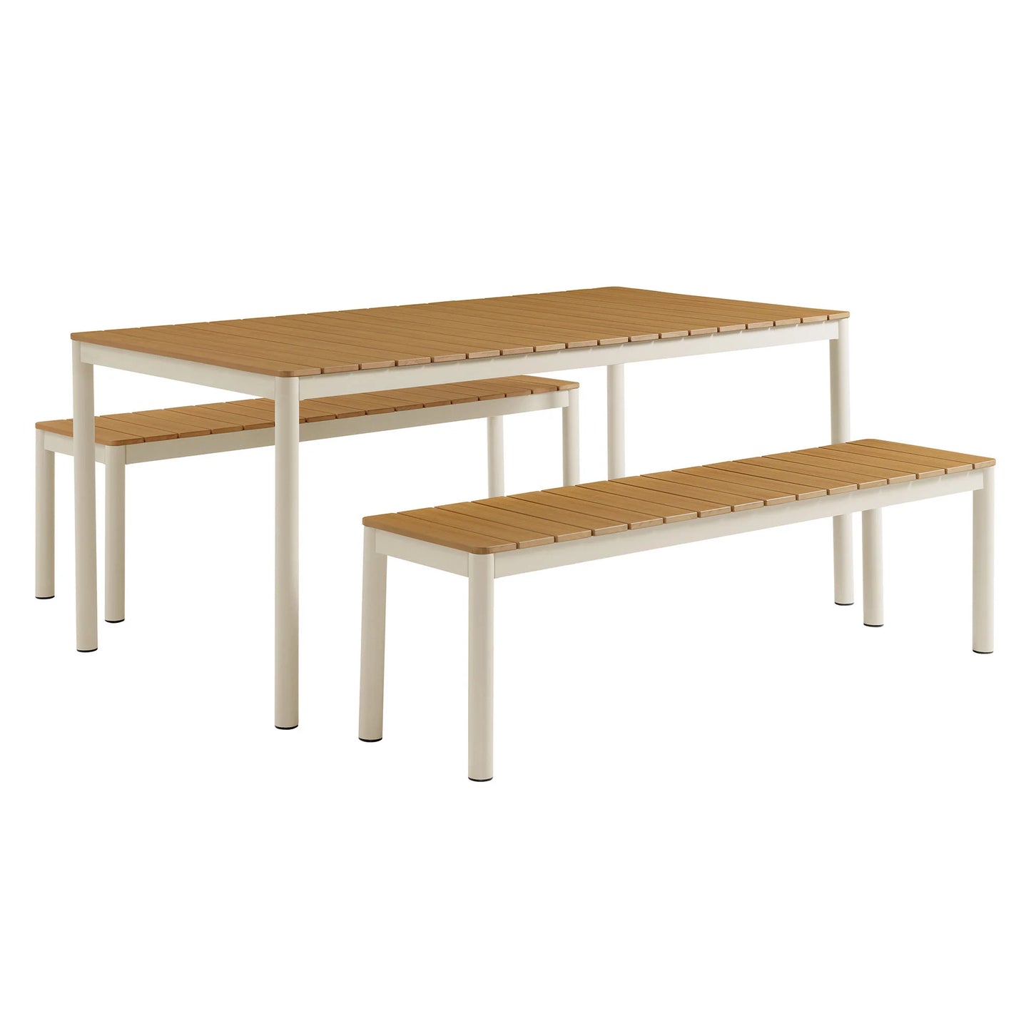 Finn Outdoor Patio Dining Set with Benches – Aluminum & Faux Wood in Natural Finish for Modern Outdoor Spaces