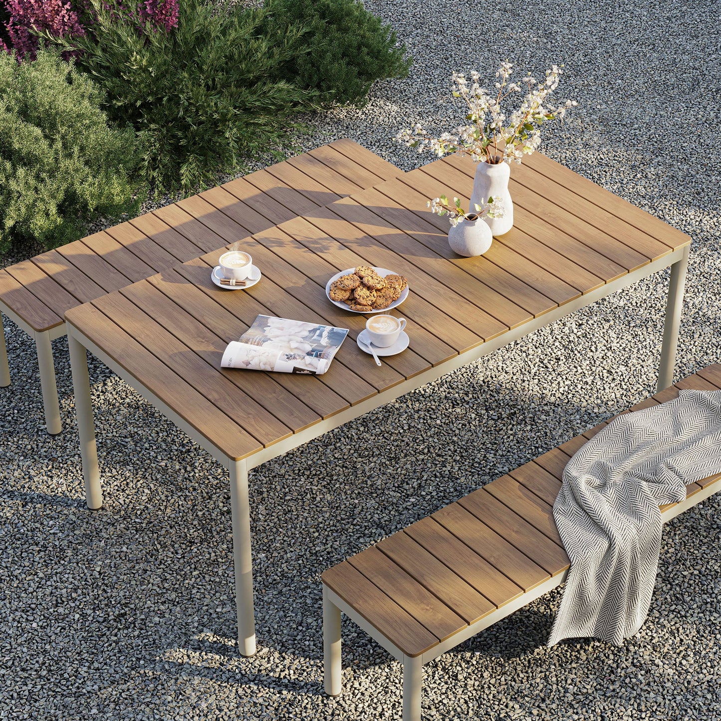 Finn Outdoor Patio Dining Set with Benches – Aluminum & Faux Wood in Natural Finish for Modern Outdoor Spaces