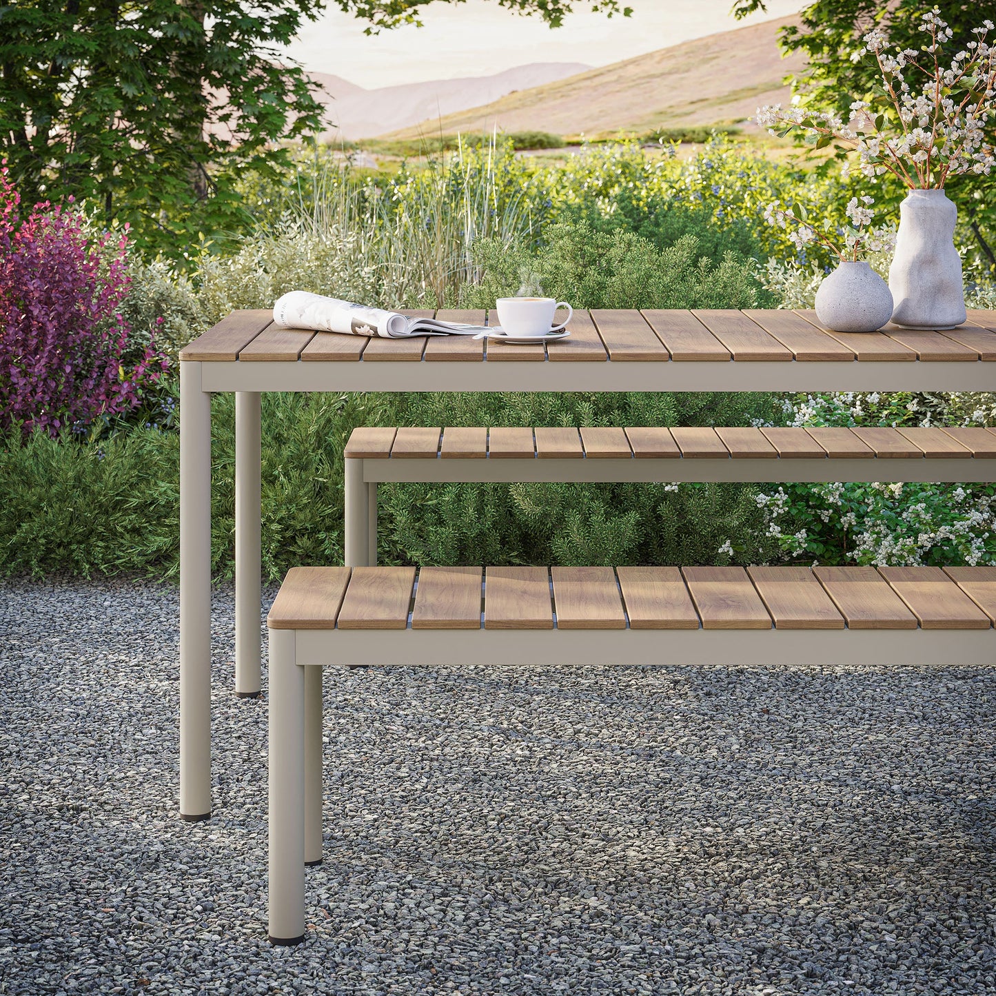 Finn Outdoor Patio Dining Set with Benches – Aluminum & Faux Wood in Natural Finish for Modern Outdoor Spaces