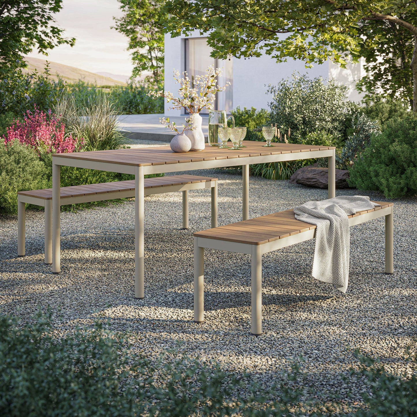 Finn Outdoor Patio Dining Set with Benches – Aluminum & Faux Wood in Natural Finish for Modern Outdoor Spaces