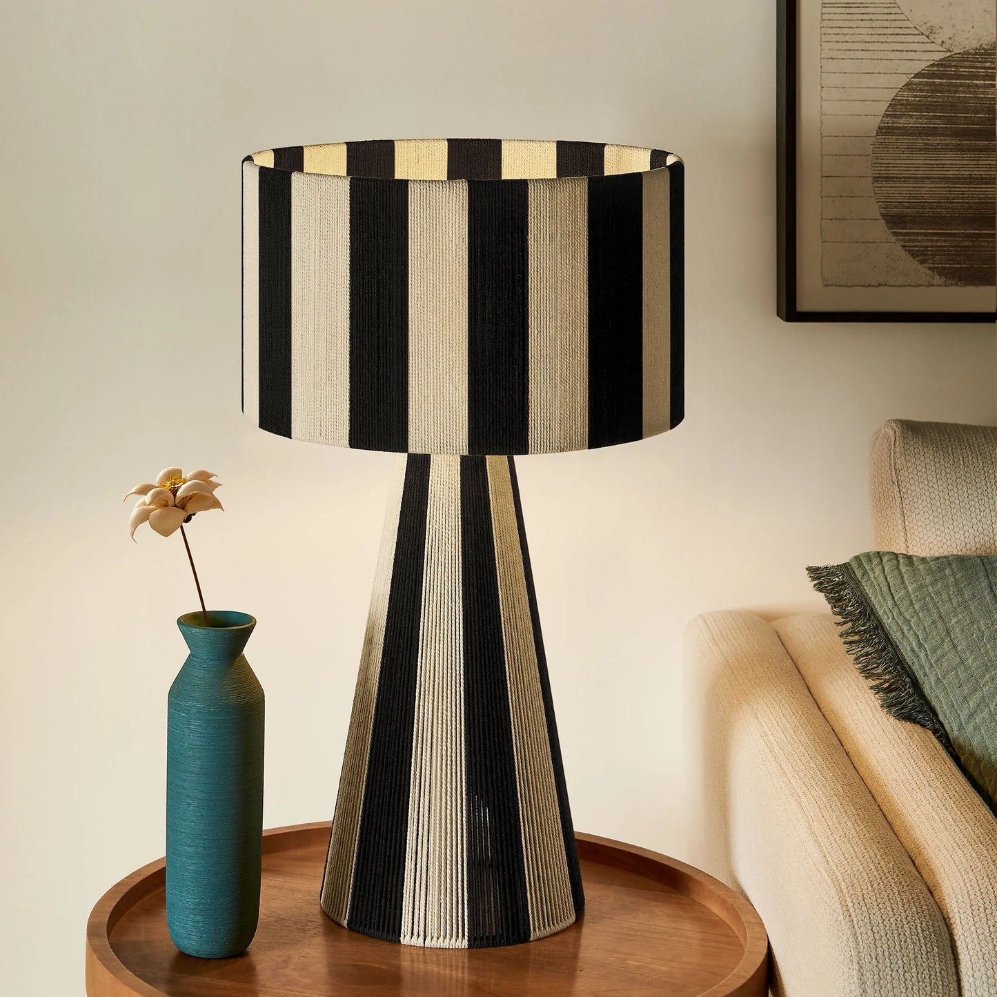 Renae Handwoven Striped Cotton Thread Table Lamp – Boho-Inspired Accent Lighting
