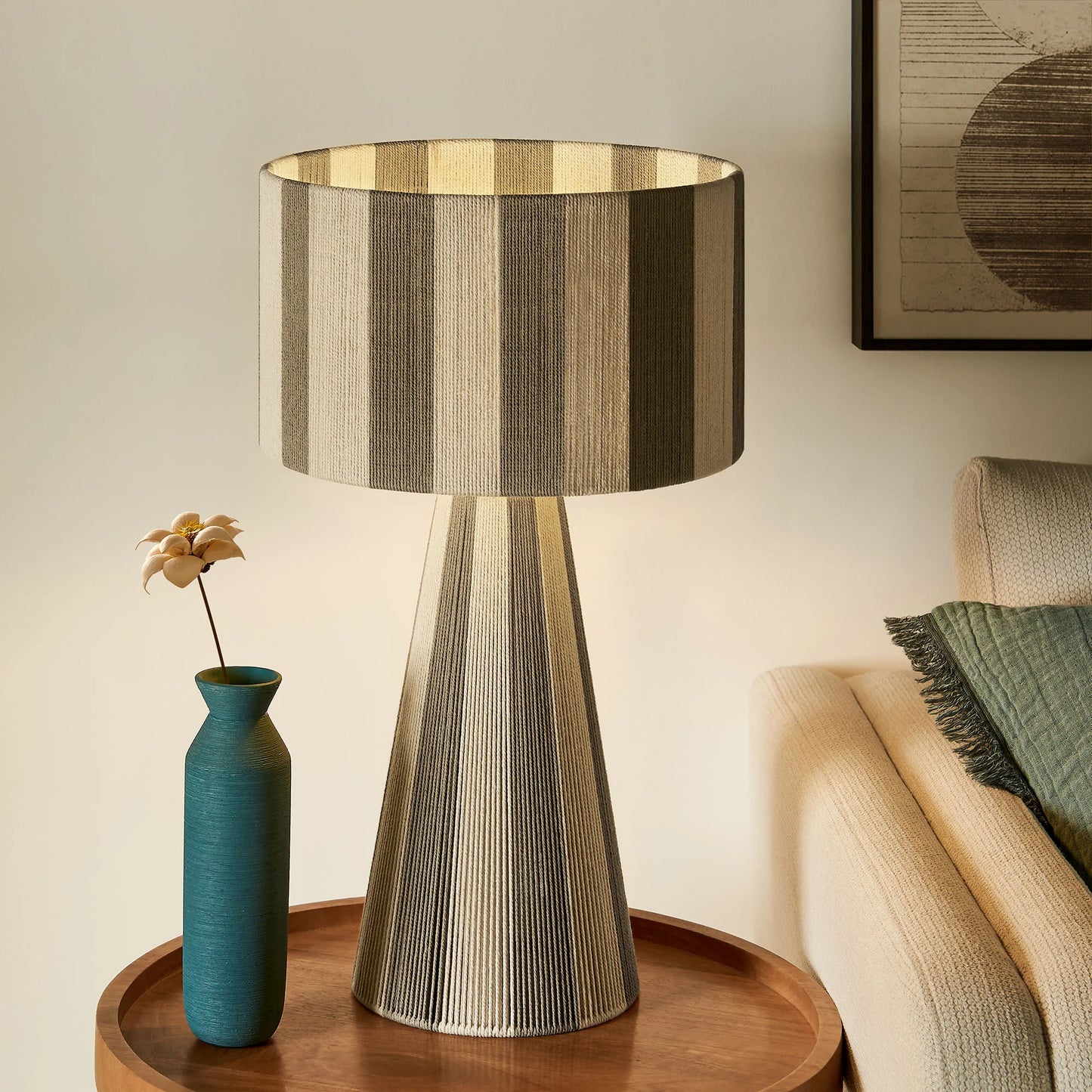 Renae Handwoven Striped Cotton Thread Table Lamp – Boho-Inspired Accent Lighting