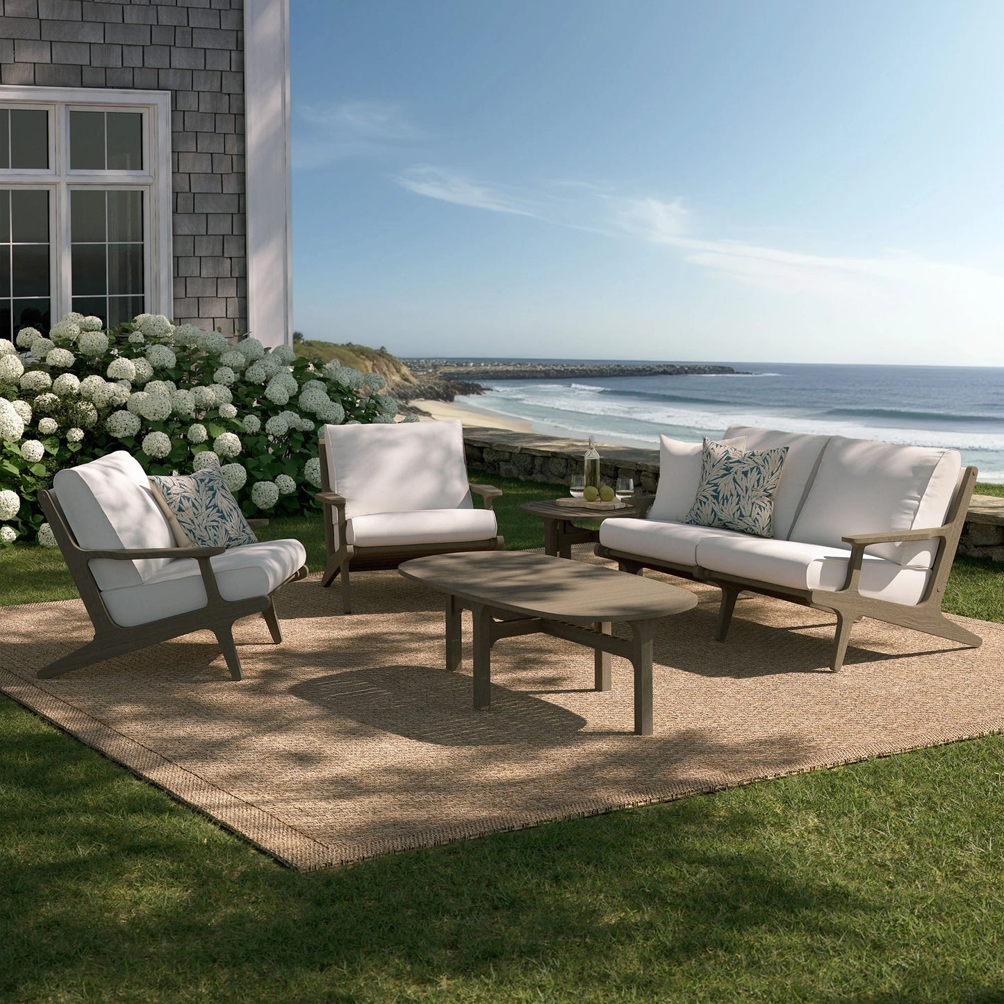 Saratoga 5-Piece Outdoor Patio Teak Wood Furniture Set – Weathered Gray Finish with White Cushions