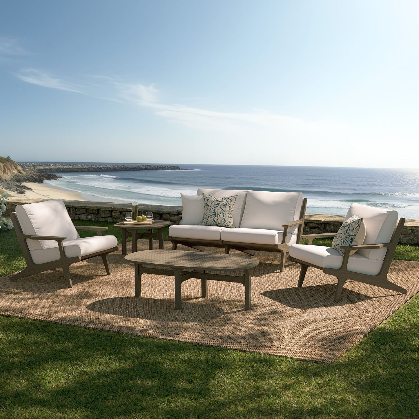 Saratoga 5-Piece Outdoor Patio Teak Wood Furniture Set – Weathered Gray Finish with White Cushions