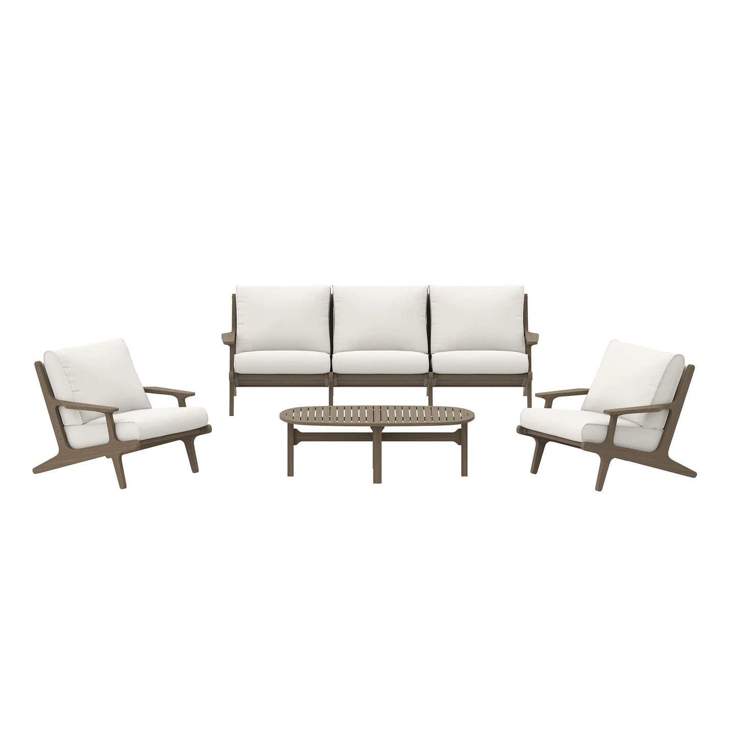 Saratoga 4-Piece Outdoor Patio Teak Wood Furniture Set – Weathered Gray Finish with White Cushions