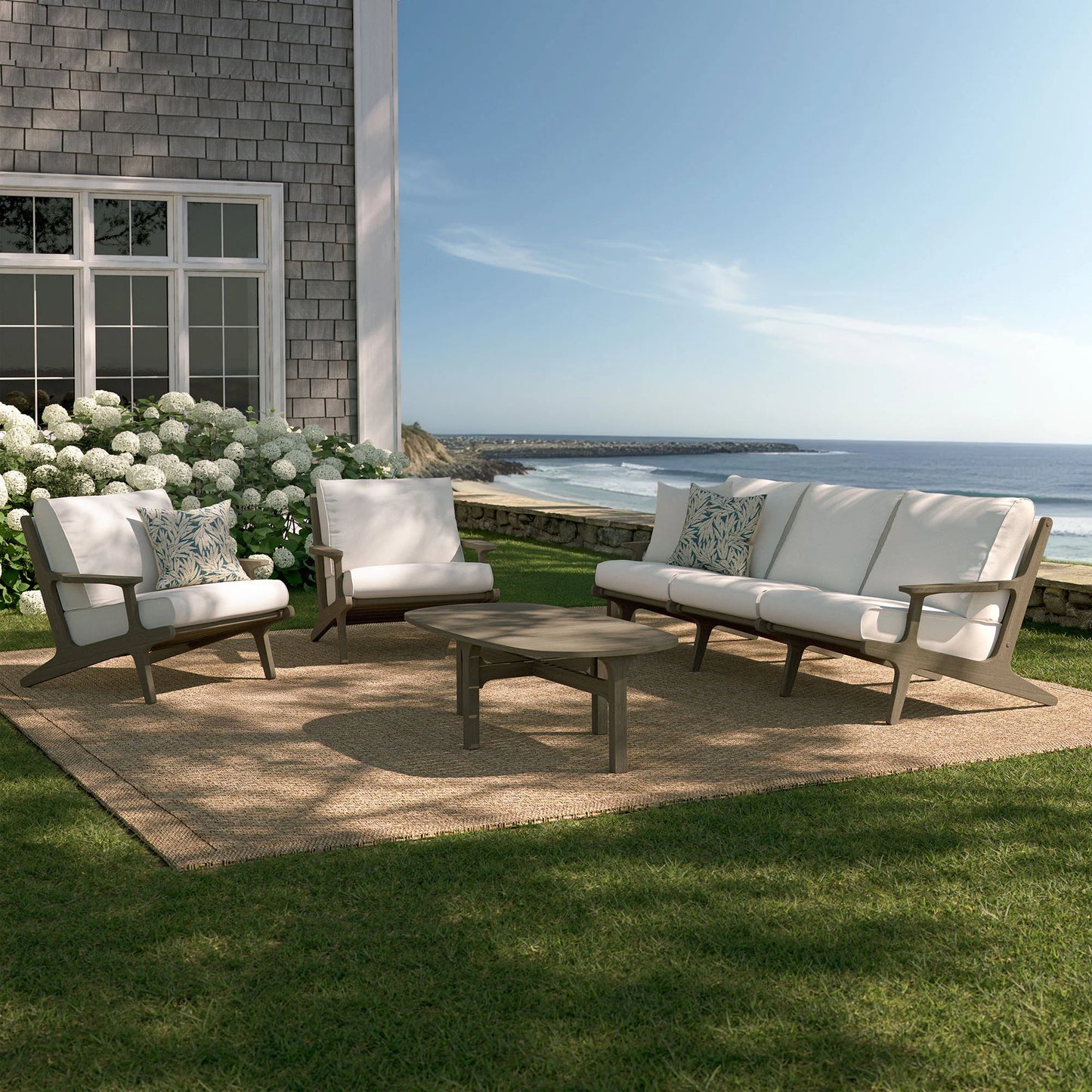 Saratoga 4-Piece Outdoor Patio Teak Wood Furniture Set – Weathered Gray Finish with White Cushions