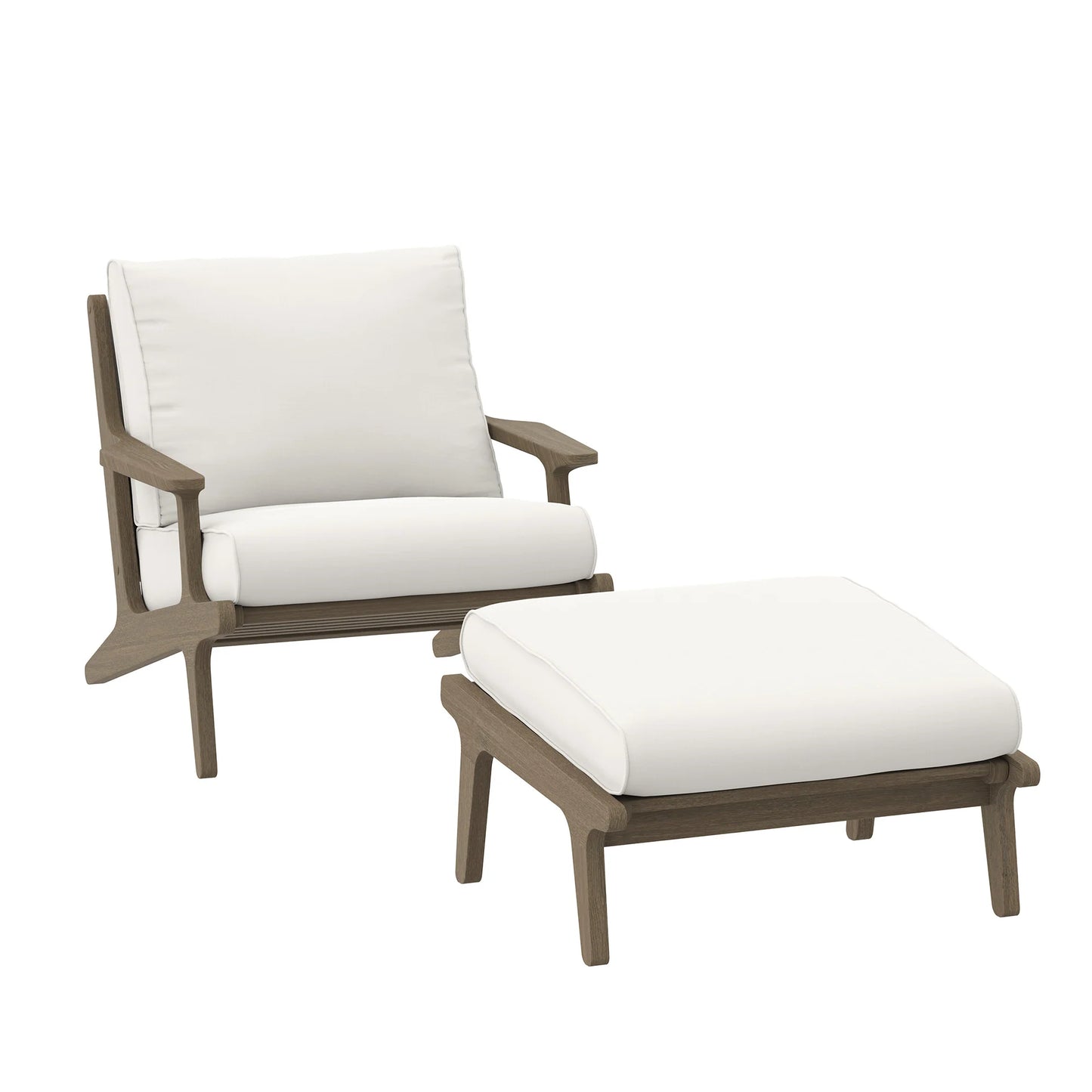 Saratoga Outdoor Patio Teak Wood Chair and Ottoman Set – Weathered Gray Finish with White Cushions