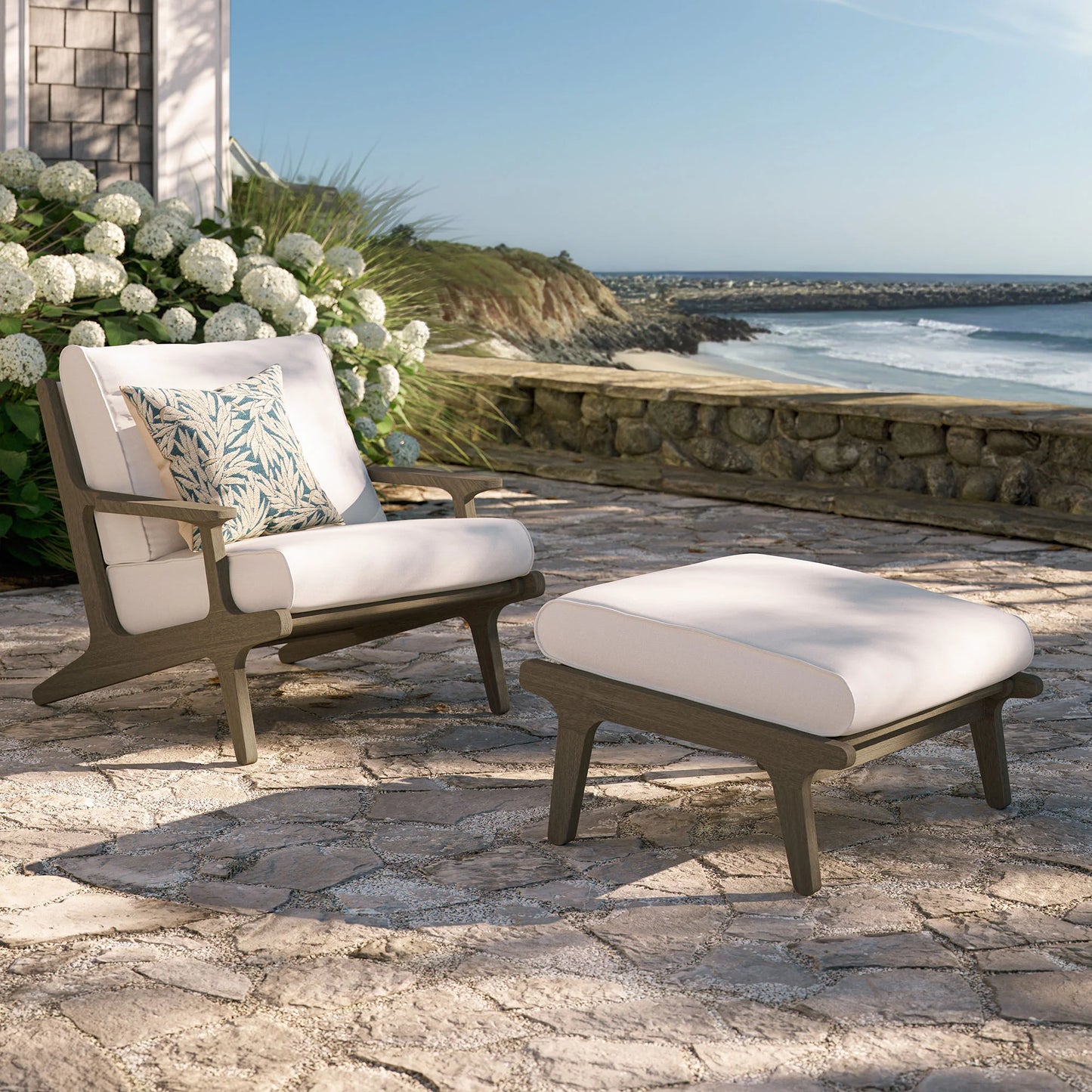 Saratoga Outdoor Patio Teak Wood Chair and Ottoman Set – Weathered Gray Finish with White Cushions