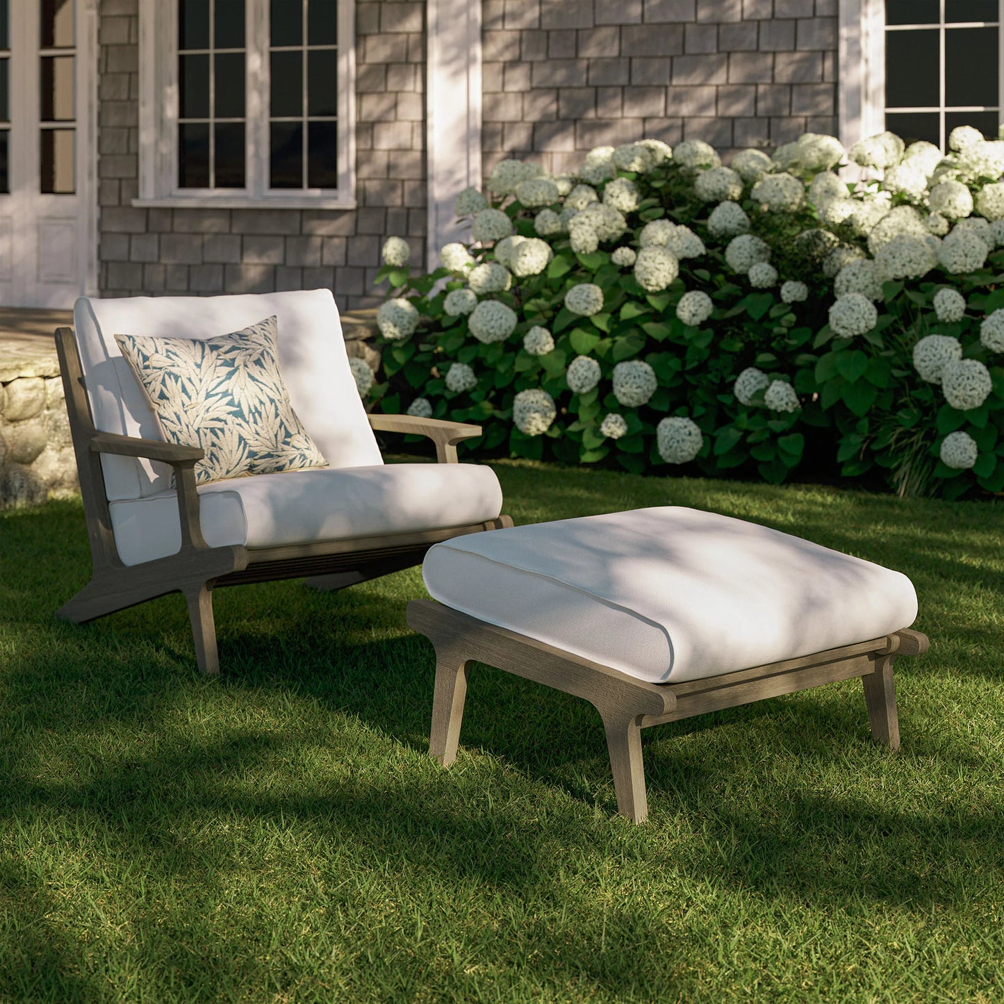 Saratoga Outdoor Patio Teak Wood Chair and Ottoman Set – Weathered Gray Finish with White Cushions