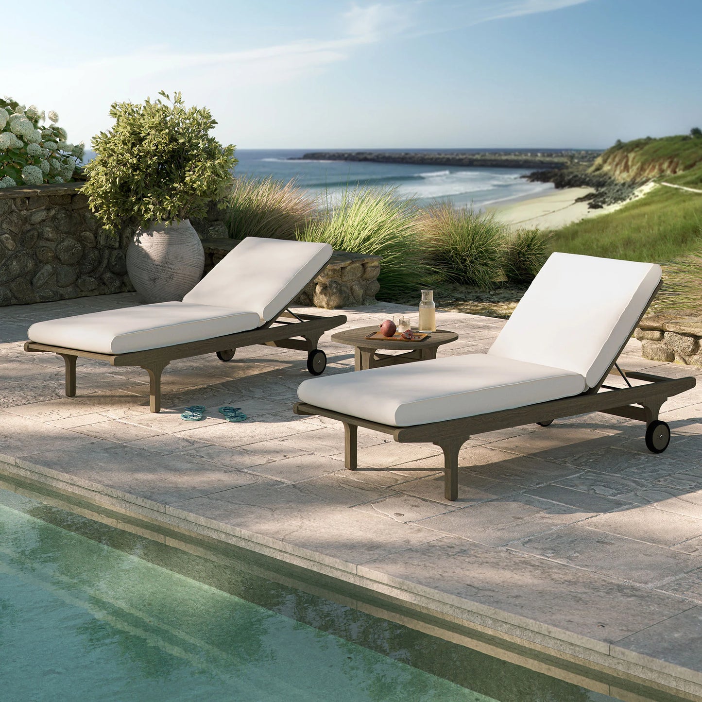 Saratoga 3-Piece Outdoor Patio Teak Wood Chaise Lounge Furniture Set – Weathered Gray Finish