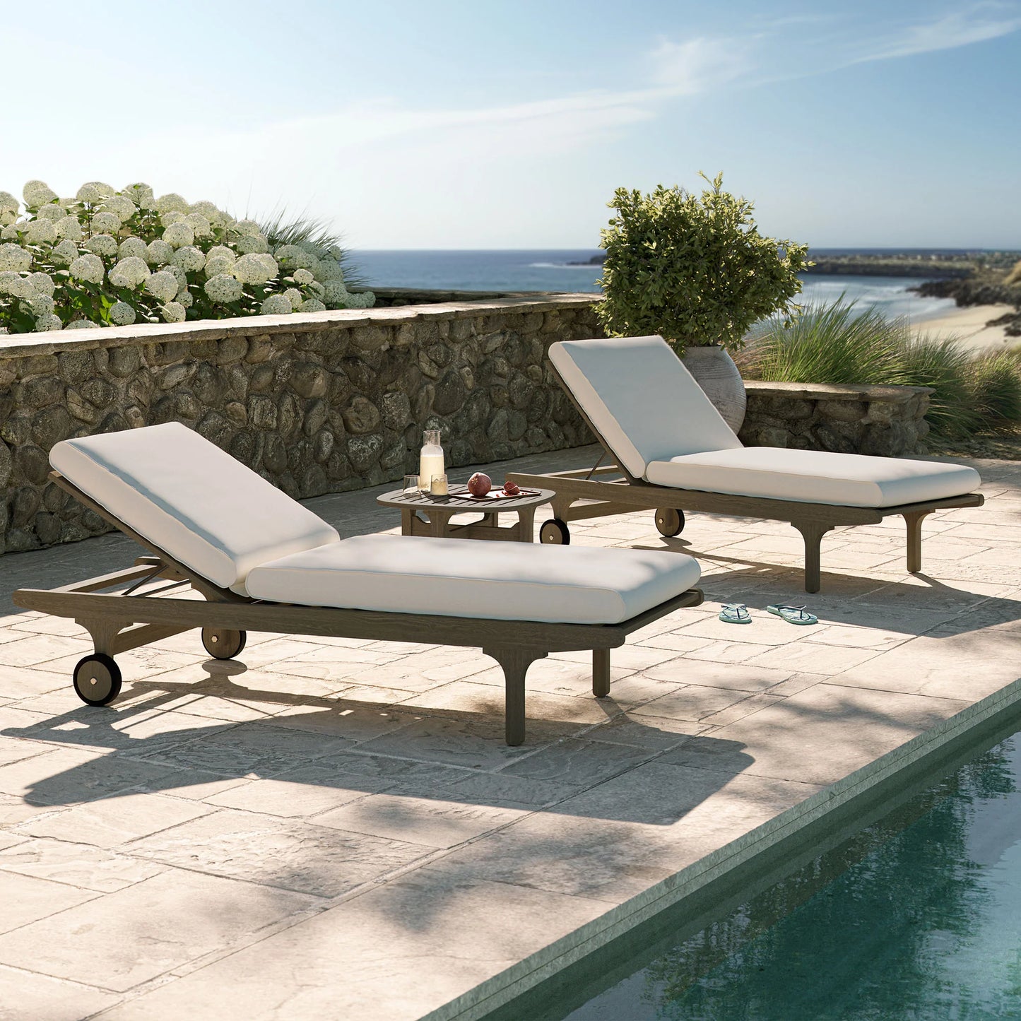 Saratoga 3-Piece Outdoor Patio Teak Wood Chaise Lounge Furniture Set – Weathered Gray Finish