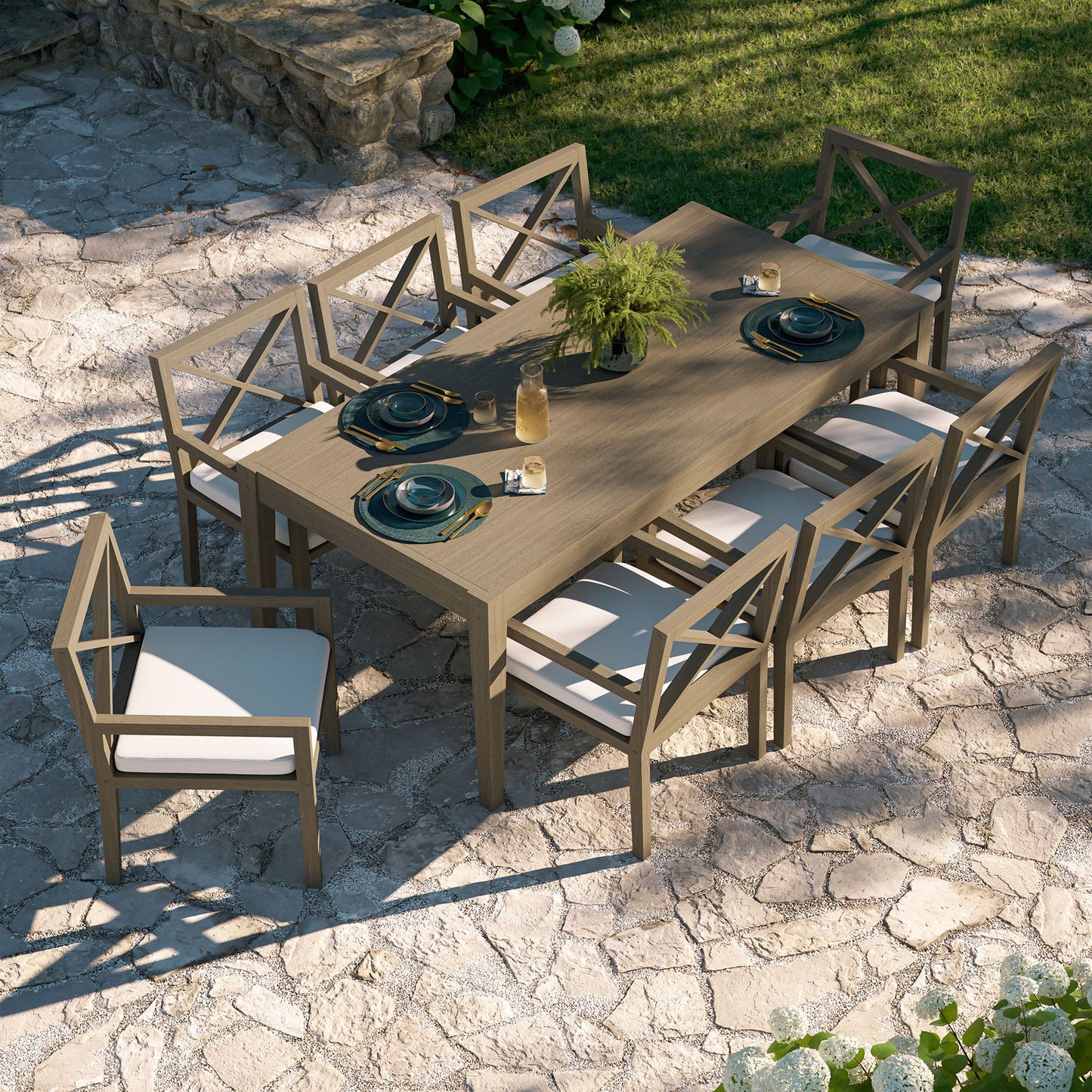 Northlake 9-Piece Outdoor Patio Teak Wood Dining Set – Weathered Gray Finish