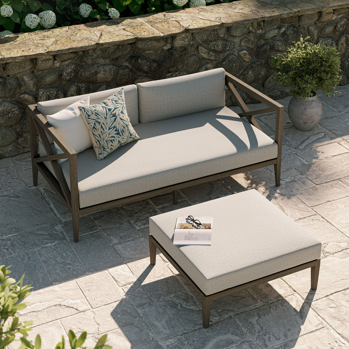 Northlake Outdoor Teak Wood Loveseat and Ottoman Set