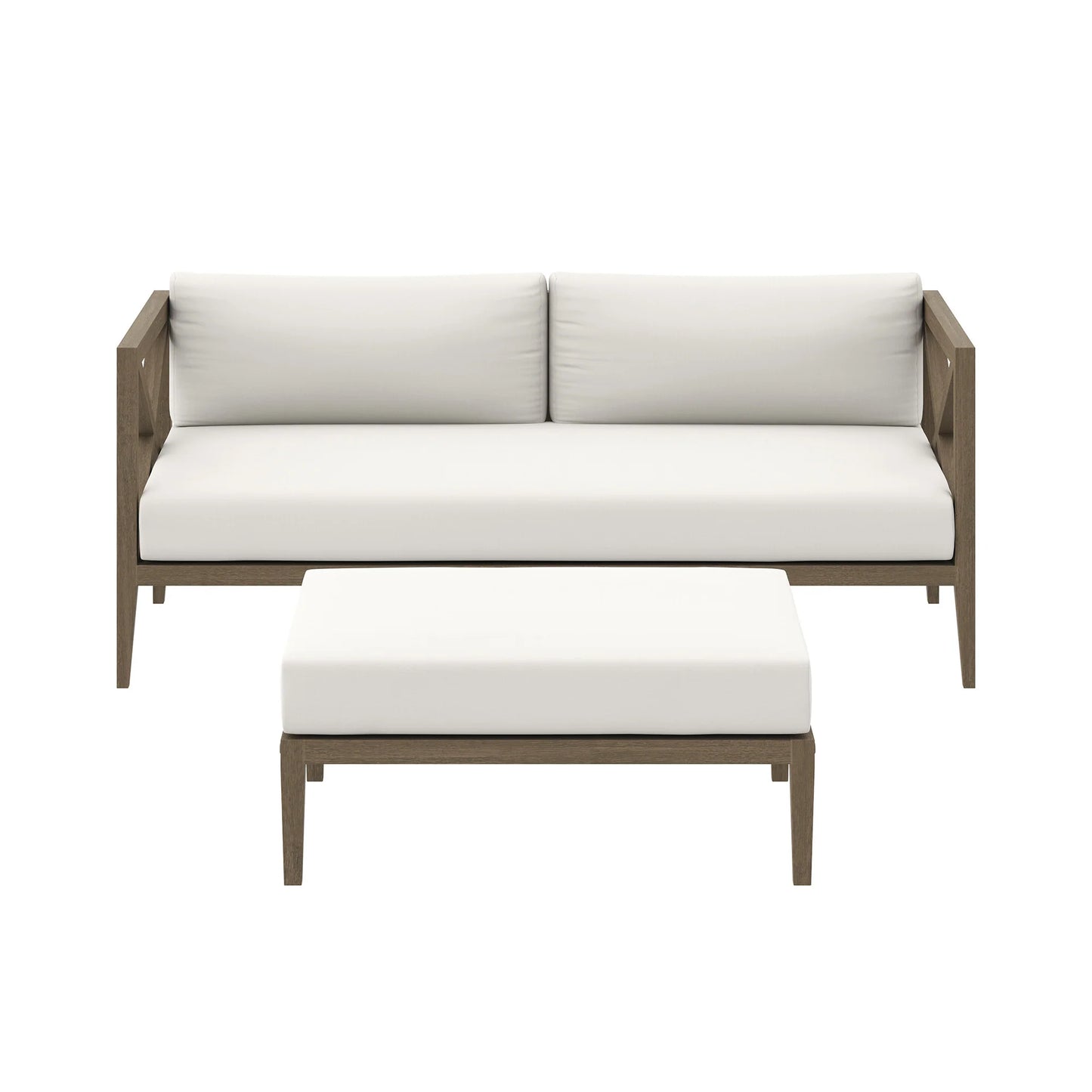 Northlake Outdoor Patio Teak Wood Loveseat and Ottoman Set – Weathered Gray Finish