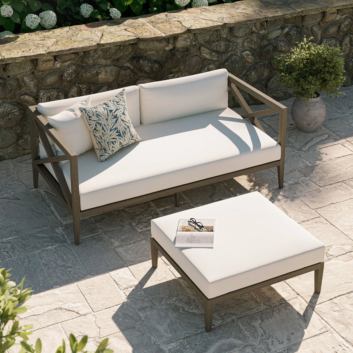 Northlake Outdoor Patio Teak Wood Loveseat and Ottoman Set – Weathered Gray Finish
