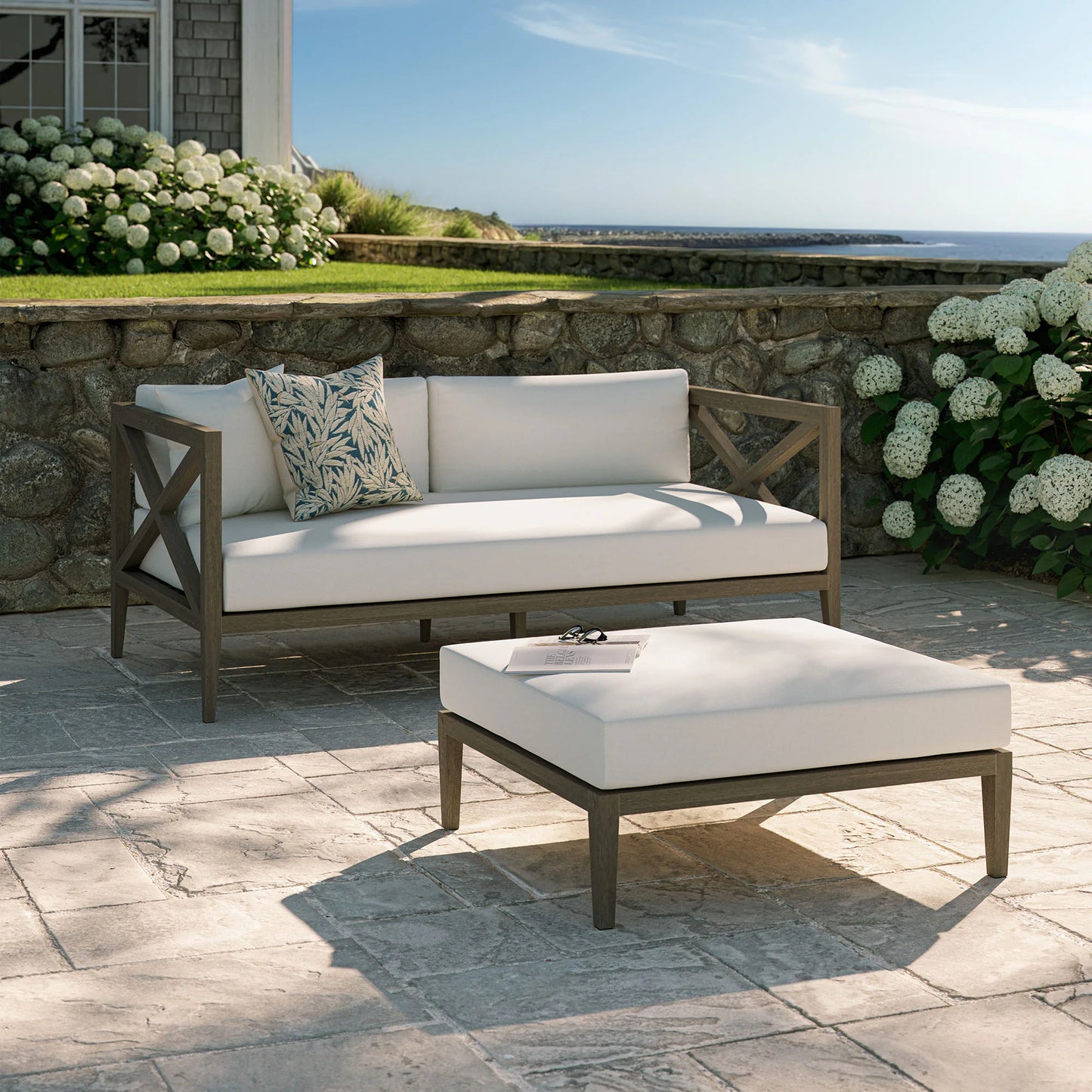 Northlake Outdoor Patio Teak Wood Loveseat and Ottoman Set – Weathered Gray Finish