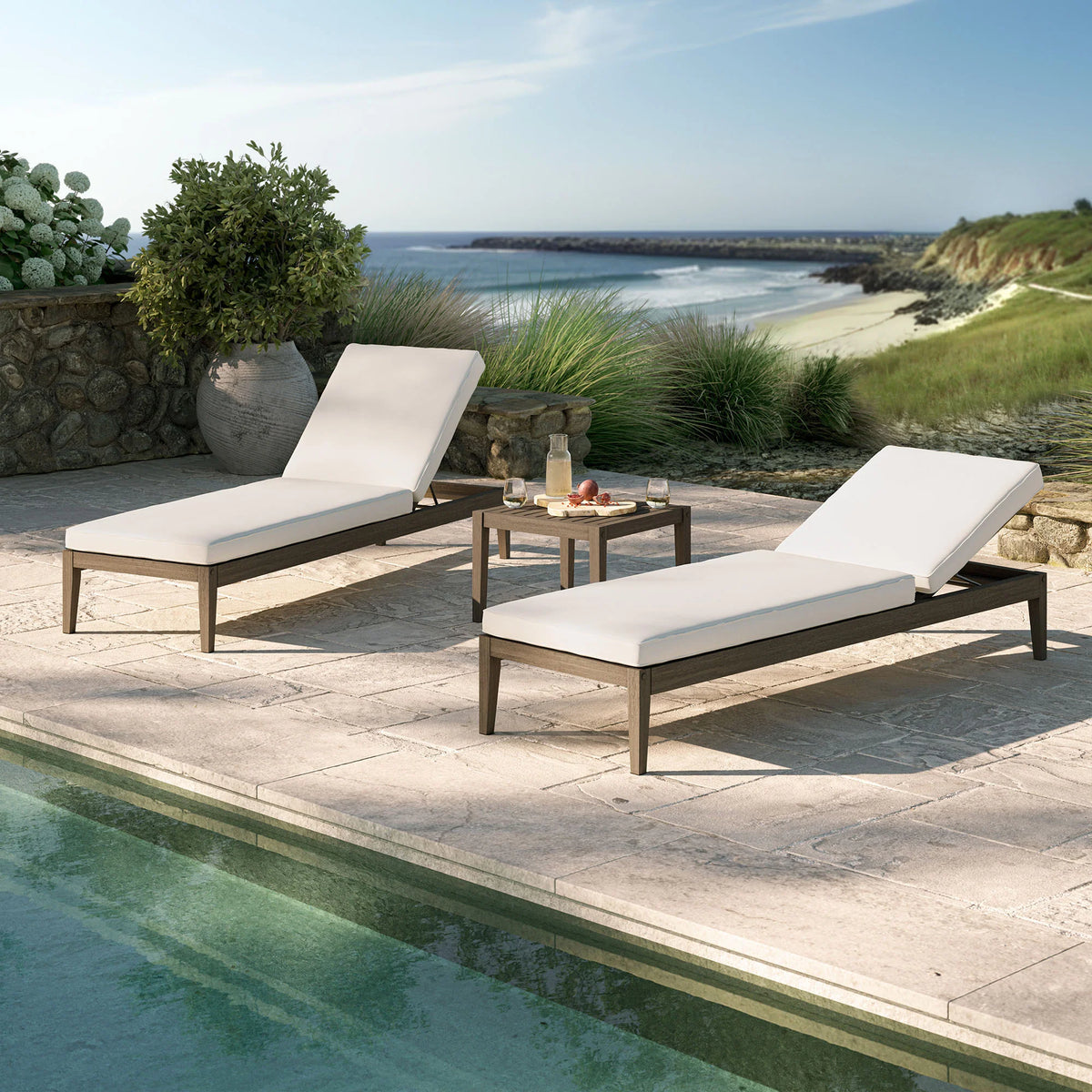 Northlake 3-Piece Outdoor Teak Wood Furniture Set with Chaise Lounges and Side Table