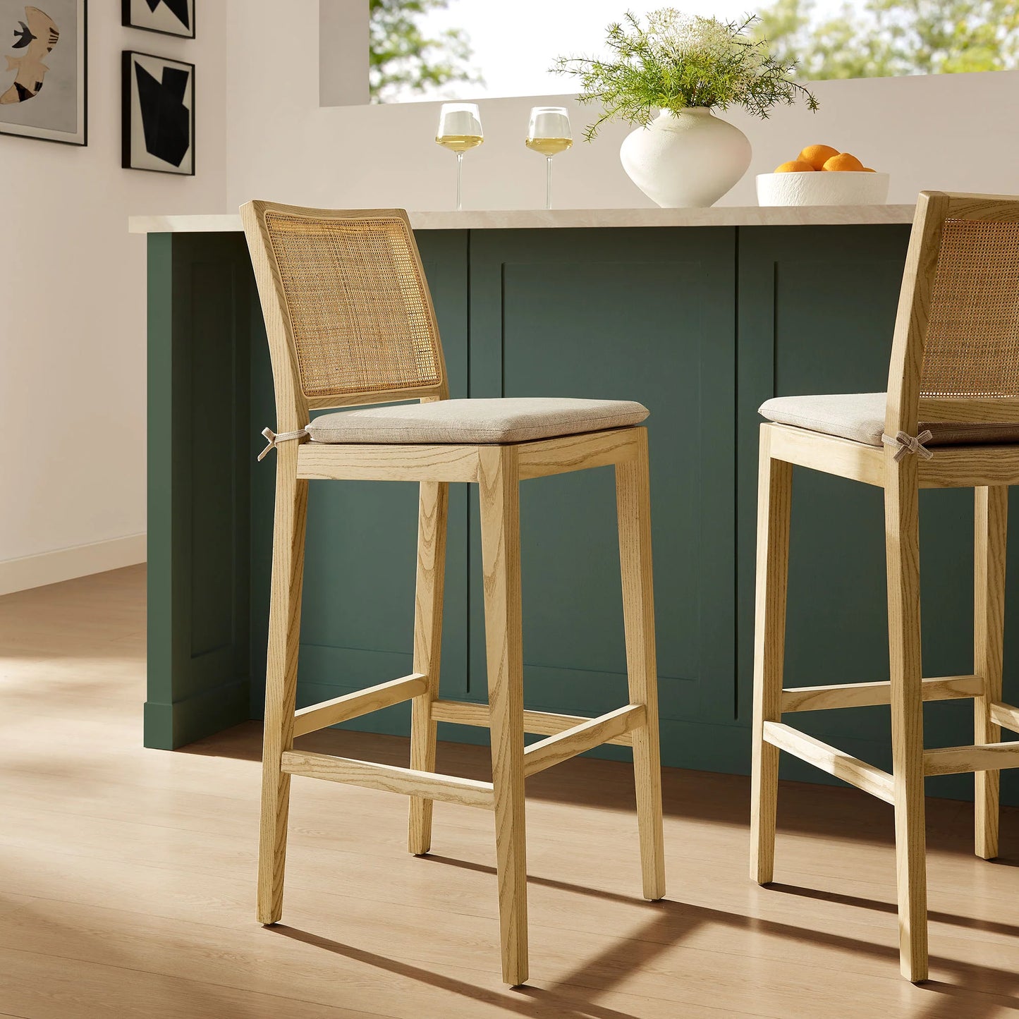 Ovard Wood and Rattan Bar Stool in Natural β Breezy, Organic Style for Kitchen Islands and Home Bars