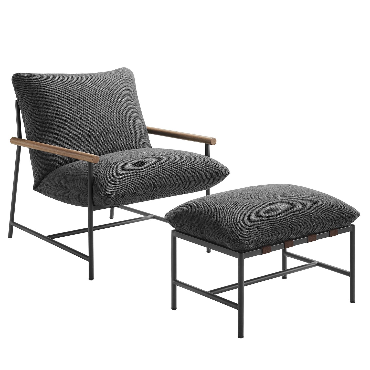 Raya Outdoor Patio Boucle Lounge Chair and Ottoman – Charcoal Upholstered Lounge Set for Stylish Outdoor Spaces