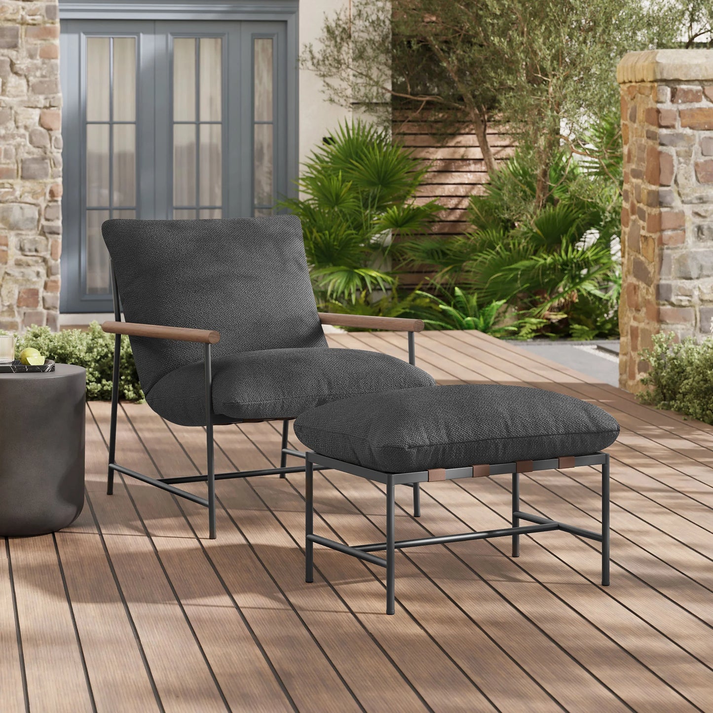 Raya Outdoor Patio Boucle Lounge Chair and Ottoman – Charcoal Upholstered Lounge Set for Stylish Outdoor Spaces