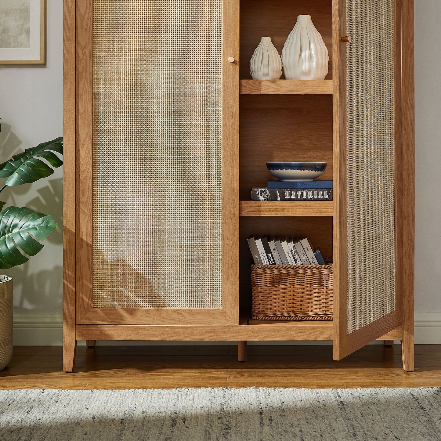 Calista 79" Tall Wide Rattan Arched Storage Cabinet – Natural Finish with Spacious Shelving