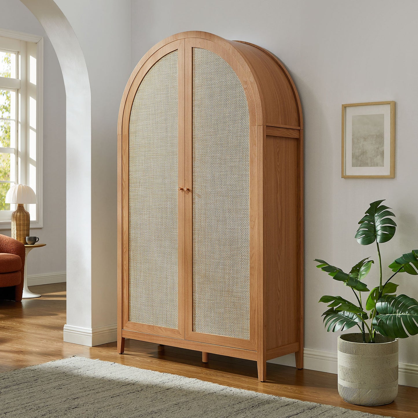 Calista 79" Tall Wide Rattan Arched Storage Cabinet – Natural Finish with Spacious Shelving
