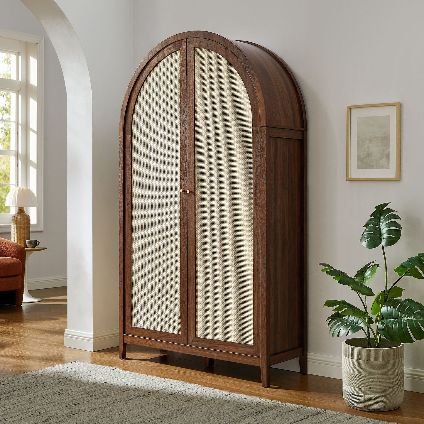 Calista 79" Tall Wide Rattan Arched Storage Cabinet – Natural Finish with Spacious Shelving