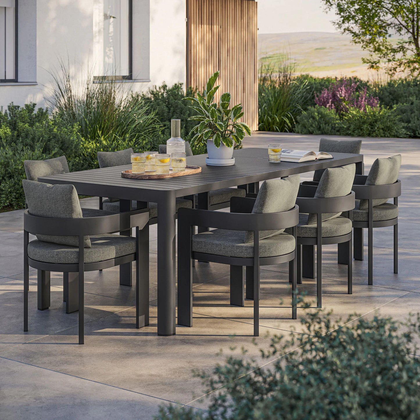 Tahoe 9-Piece Outdoor Aluminum Dining Set – Extendable Table for Spacious Modern Patio Entertaining
