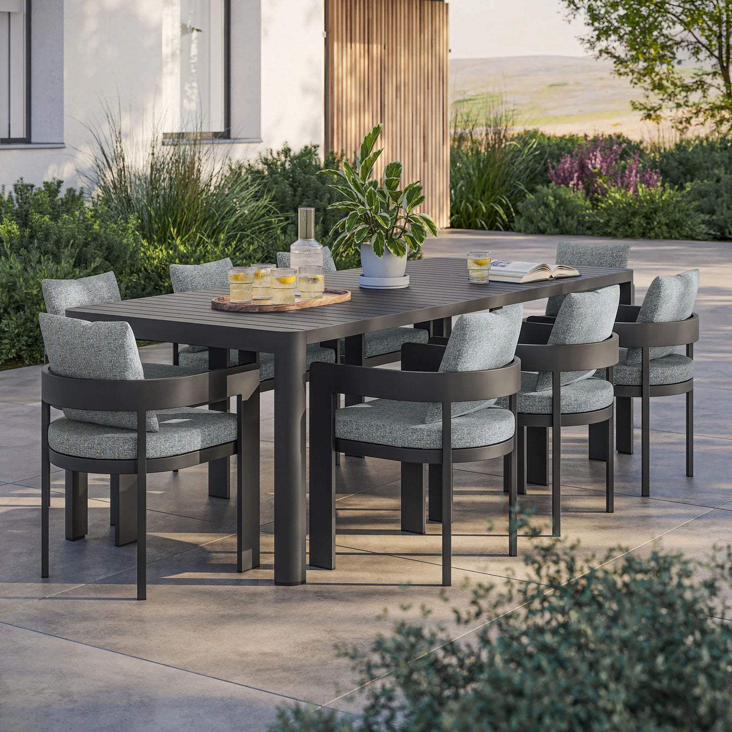 Tahoe 9-Piece Outdoor Aluminum Dining Set – Extendable Table for Spacious Modern Patio Entertaining