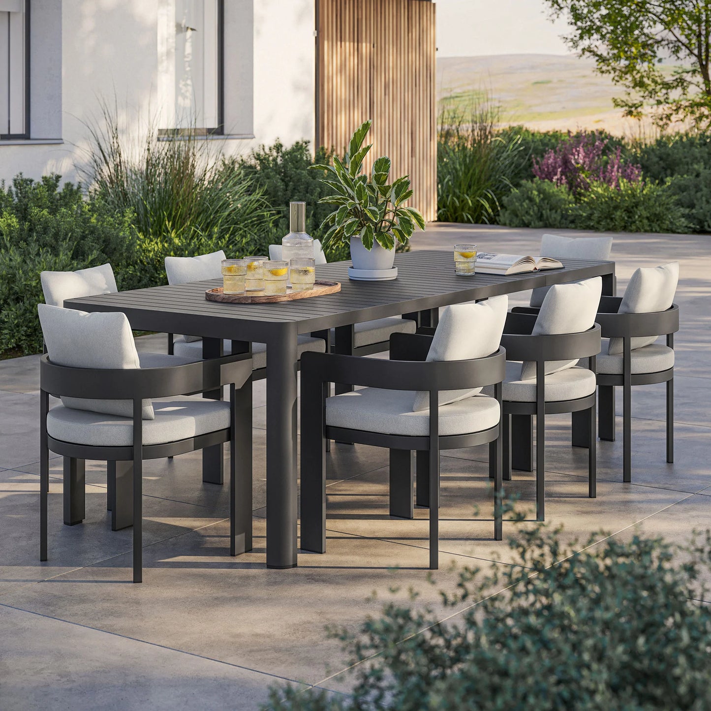 Tahoe 9-Piece Outdoor Aluminum Dining Set – Extendable Table for Spacious Modern Patio Entertaining