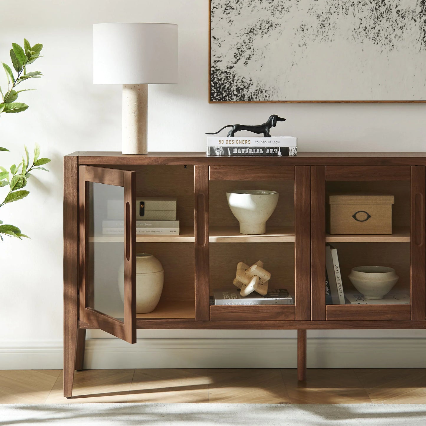 Nell Glass Door Sideboard Cabinet – 72" Walnut Finish with Ample Storage